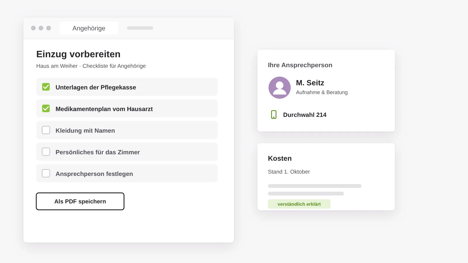 Informationen für Angehörige: Checkliste für den Einzug ins Pflegeheim, Ansprechperson mit Durchwahl und Kostenübersicht mit Stand