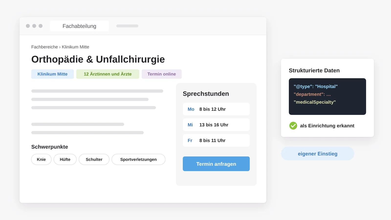Seite einer Fachabteilung mit Datenzeile, Schwerpunkten, Sprechstunden, Button für die Terminanfrage und strukturierten Daten für Suchmaschinen