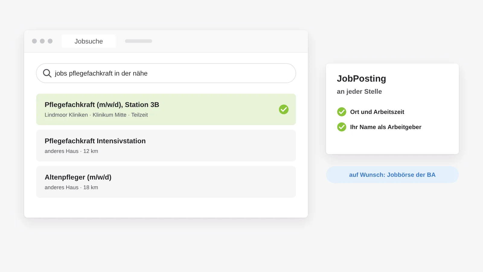Stellenanzeige in einer Jobsuche, ausgezeichnet mit strukturierten Daten für Google for Jobs mit Ort, Arbeitszeit und Arbeitgeber, auf Wunsch auch für die Jobbörse der Bundesagentur