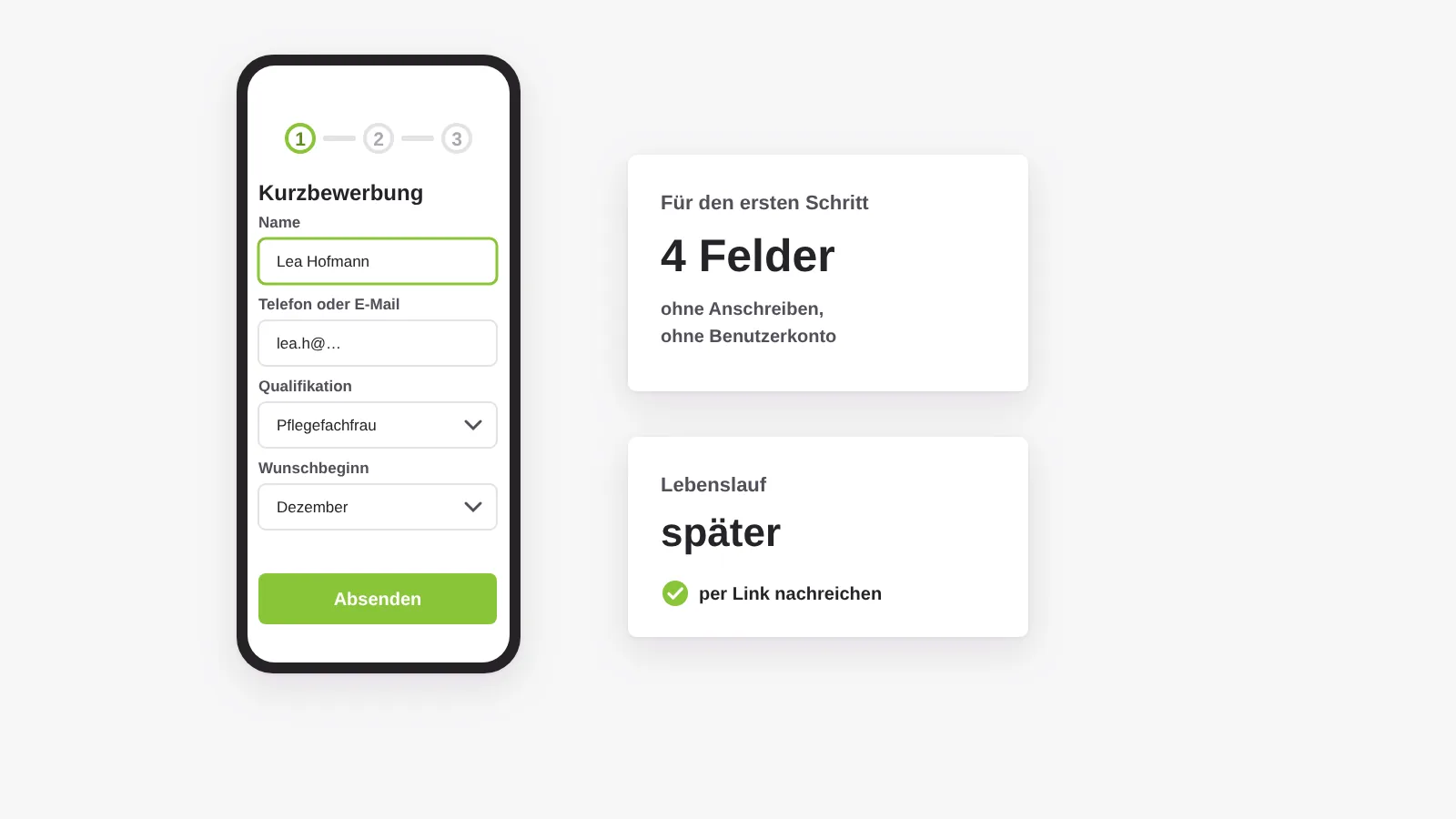 Kurzbewerbung auf dem Smartphone mit vier Feldern, ohne Anschreiben und ohne Benutzerkonto, Lebenslauf kann später nachgereicht werden