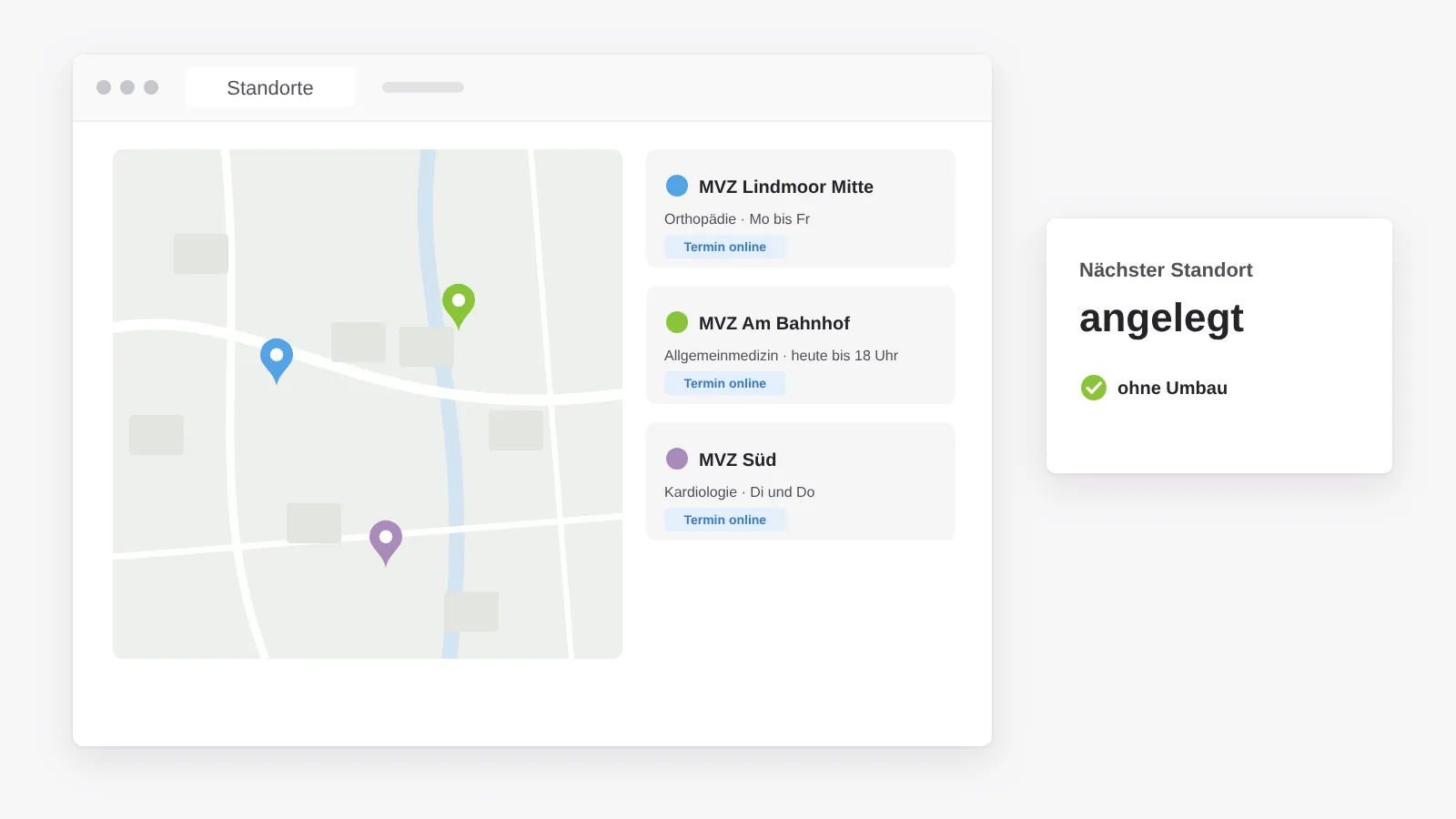 Standortsuche eines MVZ mit Karte, drei Standorten, Fachrichtungen, Sprechzeiten und Online-Termin je Standort