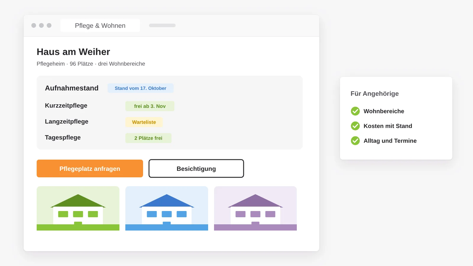 Seite eines Pflegeheims mit Aufnahmestand nach Pflegeform und Datum, Buttons für Pflegeplatzanfrage und Besichtigung und Bildern der Wohnbereiche