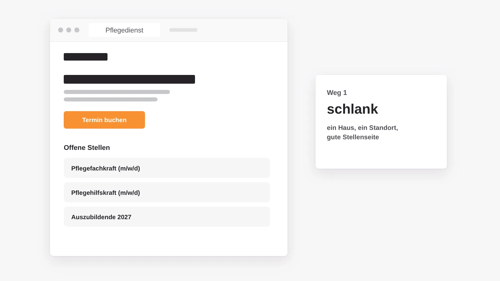 Der kleine Weg: eine schlanke Website für ein Haus mit eingebundenem Terminbutton und einer übersichtlichen Stellenseite