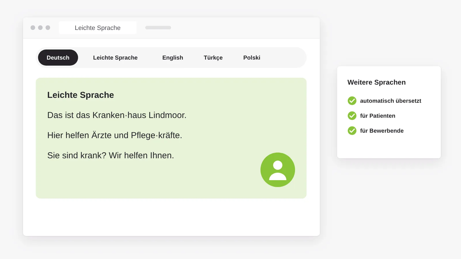 Bereich in Leichter Sprache mit kurzen Sätzen und Sprachumschalter für weitere Sprachen über automatische Übersetzung