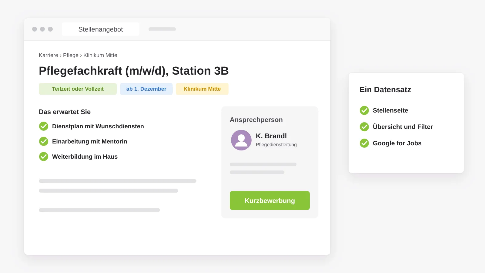 Stellenseite für eine Pflegefachkraft mit Datenzeile zu Arbeitszeit, Eintritt und Standort, Ansprechperson und Button zur Kurzbewerbung, gepflegt als ein Datensatz