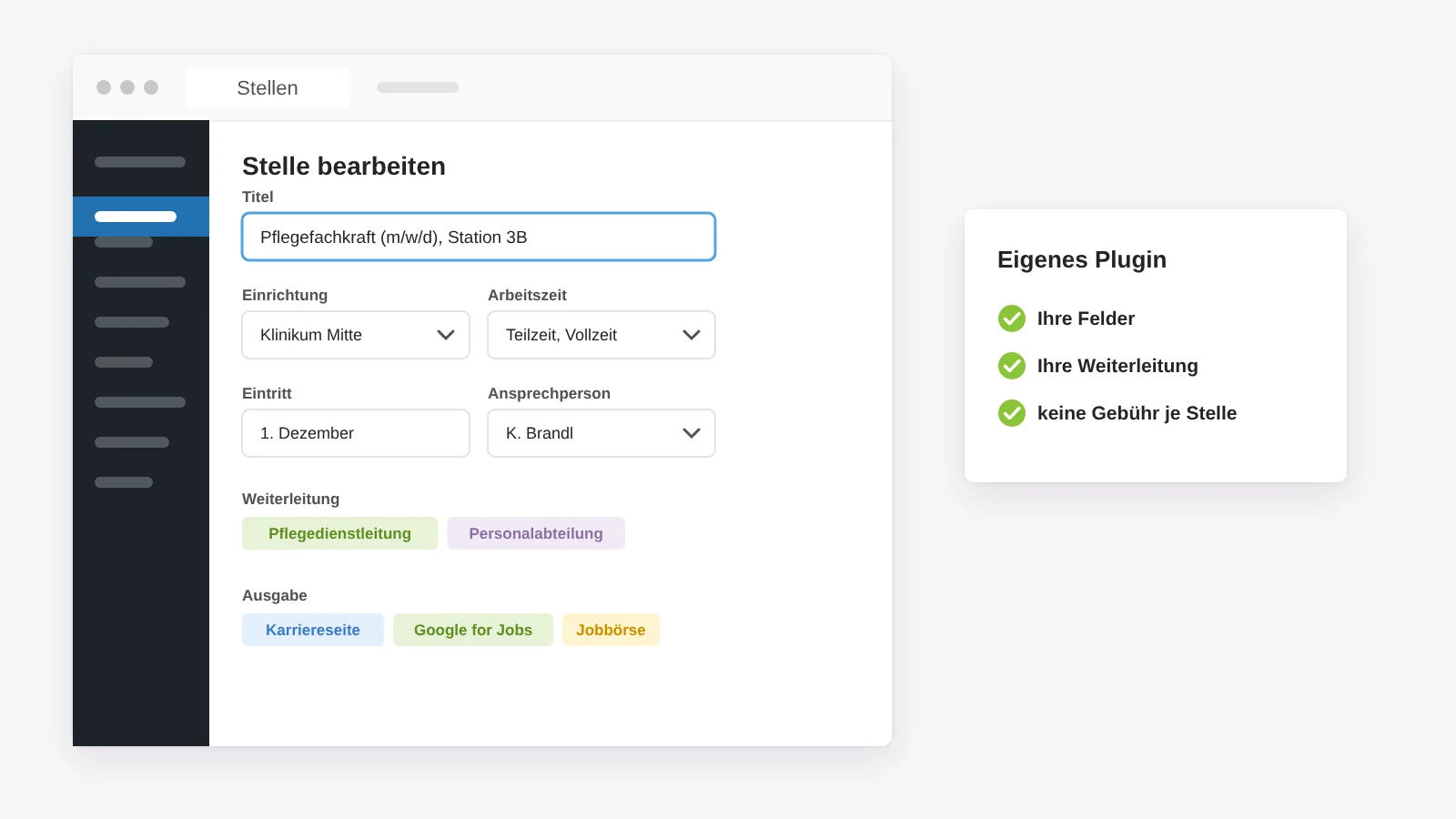 Eigene Stellenverwaltung direkt in WordPress: Stelle bearbeiten mit Einrichtung, Arbeitszeit, Eintritt, Ansprechperson, Weiterleitung und Ausgabekanälen
