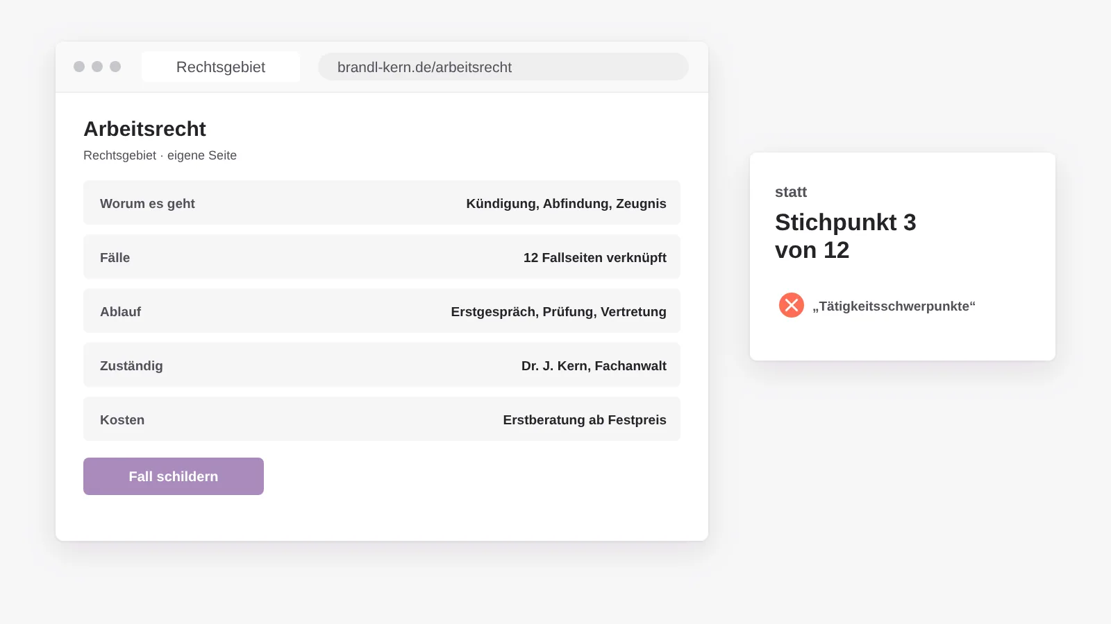 Eigene Seite für das Rechtsgebiet Arbeitsrecht mit Themen, verknüpften Fallseiten, Ablauf, Zuständigkeit und Kostenhinweis statt eines Stichpunkts in einer Liste