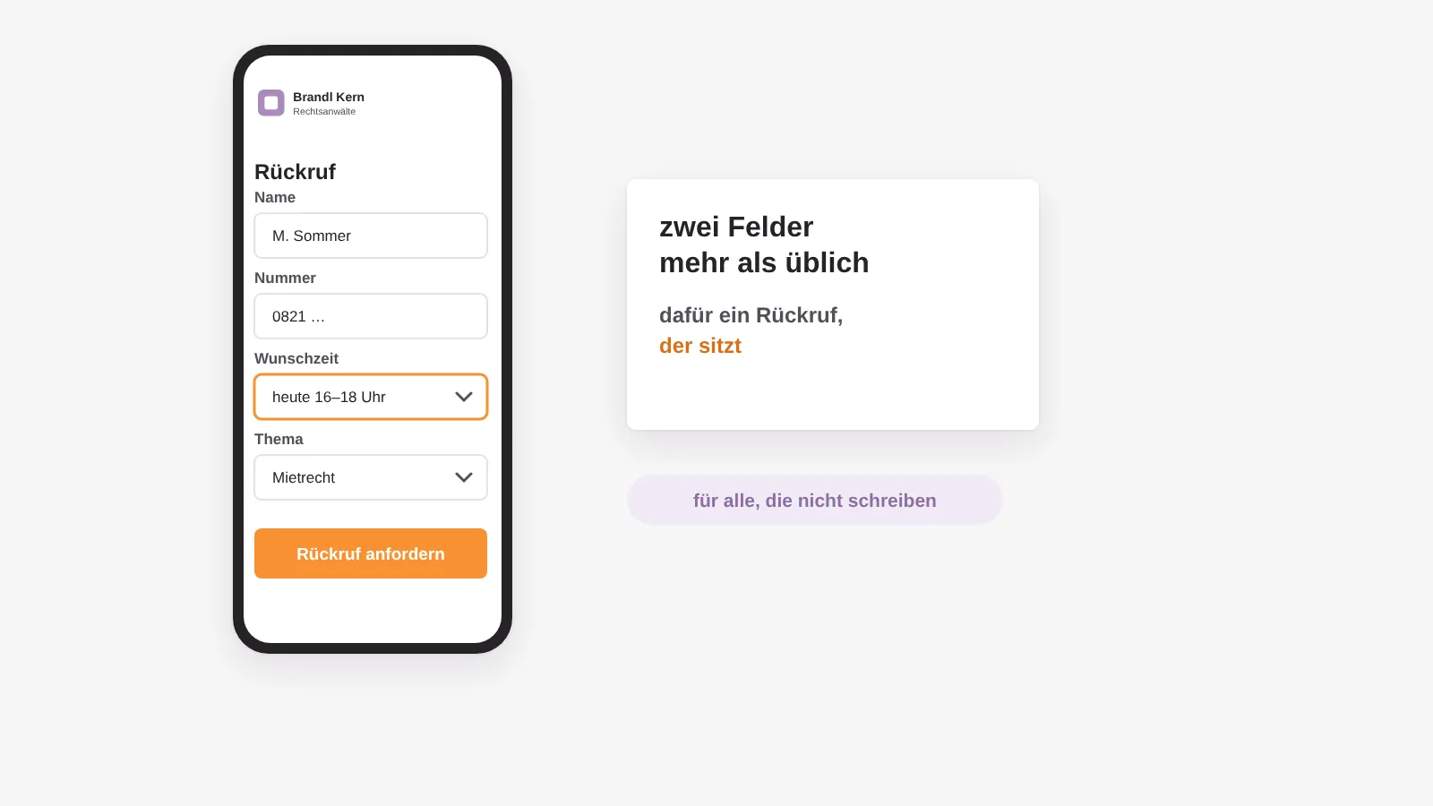 Rückruf mit Zeitfenster auf dem Smartphone: Name, Nummer, Wunschzeitraum und Thema, damit der Rückruf beim ersten Mal sitzt