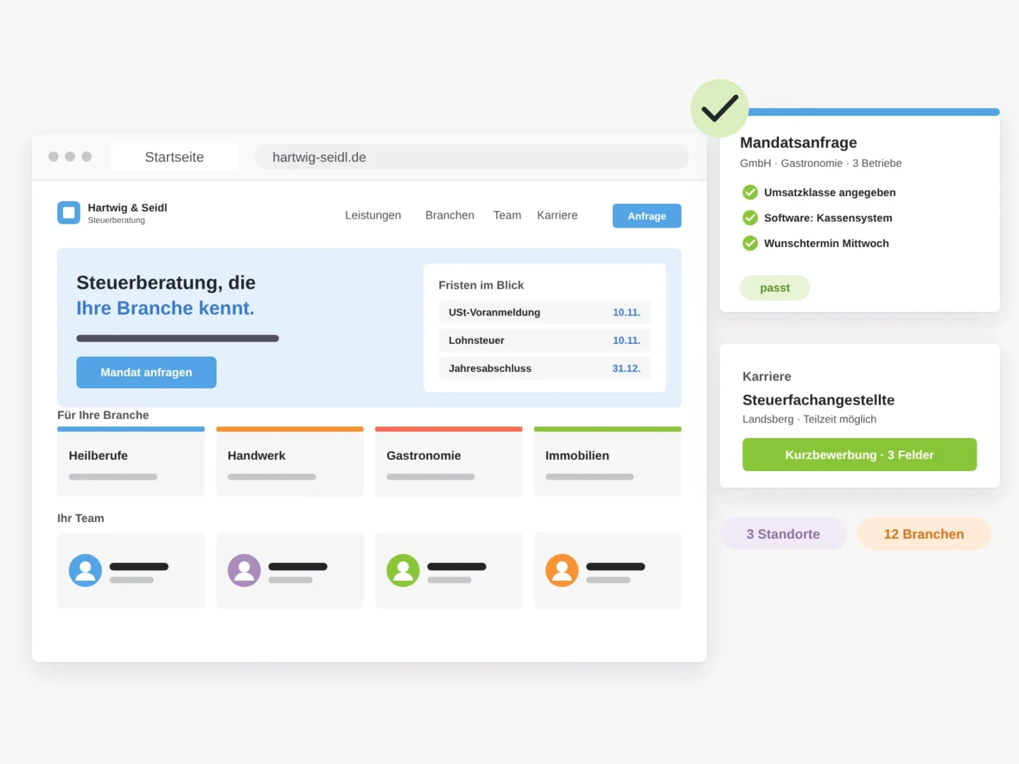 Website einer fiktiven Steuerkanzlei mit Branchenseiten und Fristenübersicht, daneben eine vorqualifizierte Mandatsanfrage und eine Stelle mit Kurzbewerbung