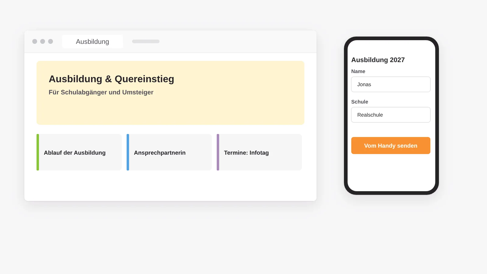 Eigene Strecke für Ausbildung und Quereinstieg mit Ablauf, Ansprechpartnerin und Terminen, die Bewerbung lässt sich vom Smartphone abschicken