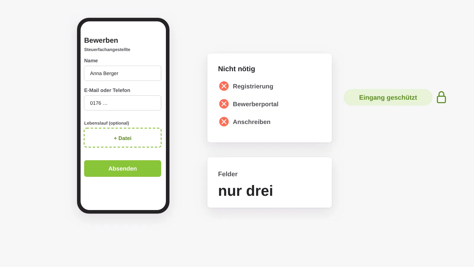 Kurzbewerbung in drei Feldern auf dem Smartphone: Name, Kontakt und optional eine Datei, ohne Registrierung oder Bewerberportal, der Eingang landet im geschützten Bereich
