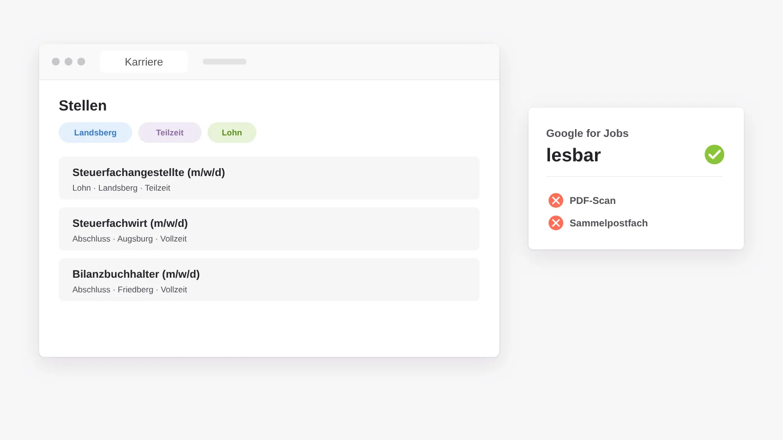 Stellen als Datensätze statt PDF: filterbar nach Standort, Qualifikation und Umfang, mit Einzelseite je Stelle und lesbar für die Jobsuche von Google
