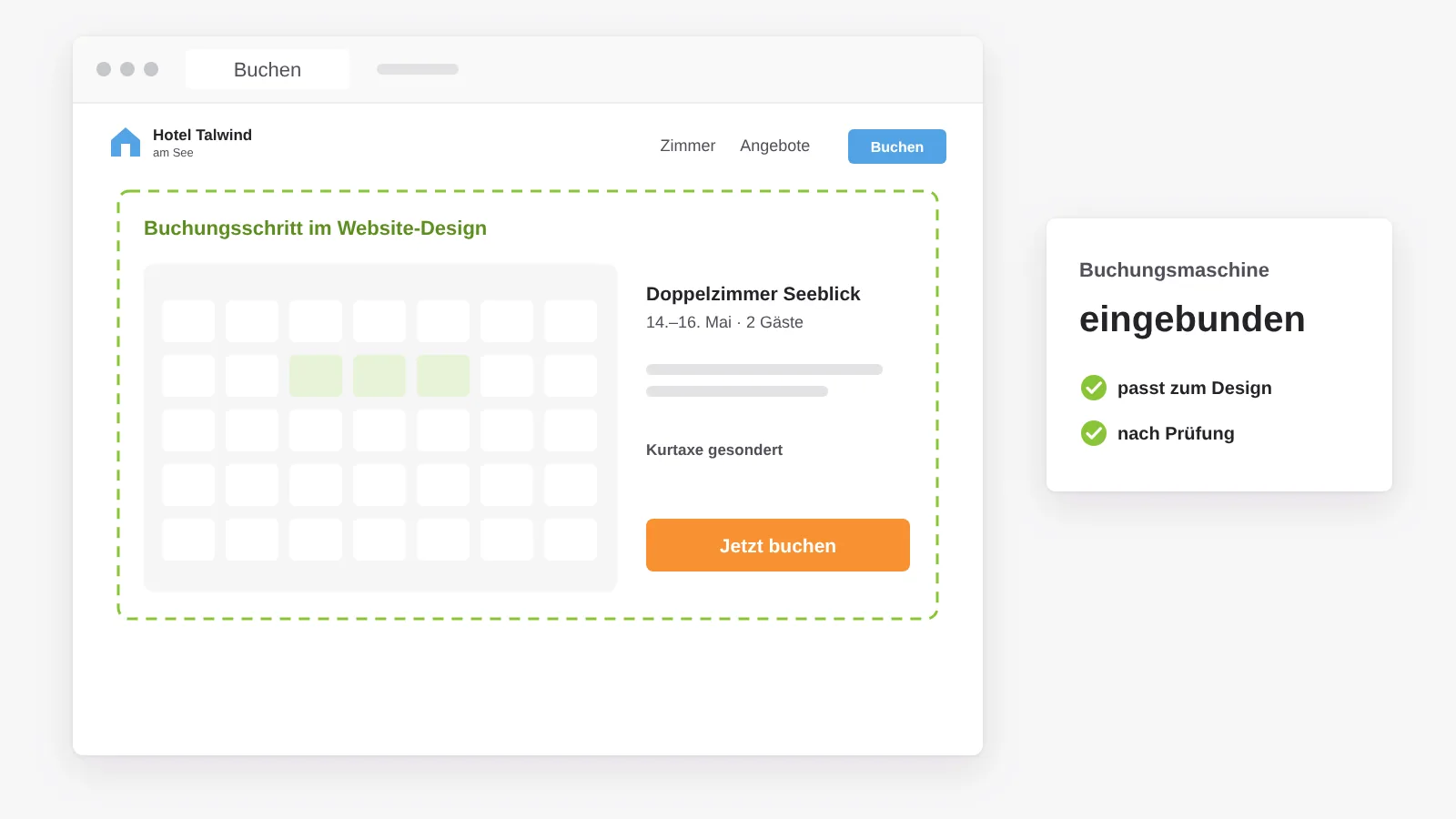 Buchungsschritt einer Hotel-Buchungsmaschine, eingebunden im Design der Website, mit Zimmer, Zeitraum und gesondert ausgewiesener Kurtaxe