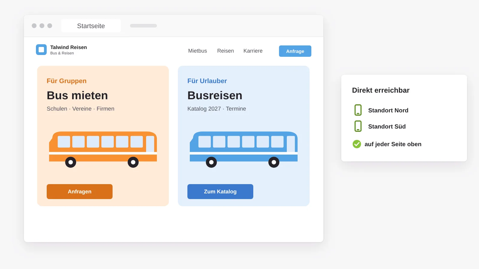 Startseite eines Busunternehmens mit zwei Wegen, Bus mieten für Gruppen und Busreisen aus dem Katalog, dazu Telefon und Anfrage auf jeder Seite