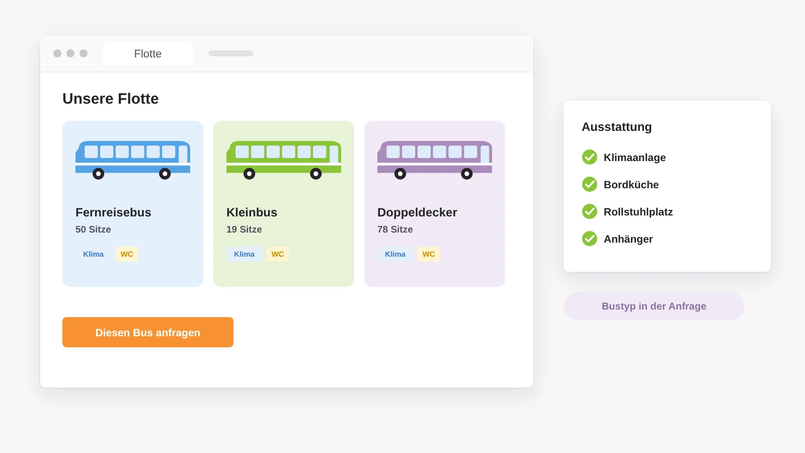 Flottenübersicht mit Fahrzeugen, Sitzplätzen und Ausstattung als Datensatz, aus der man den passenden Bus direkt anfragt