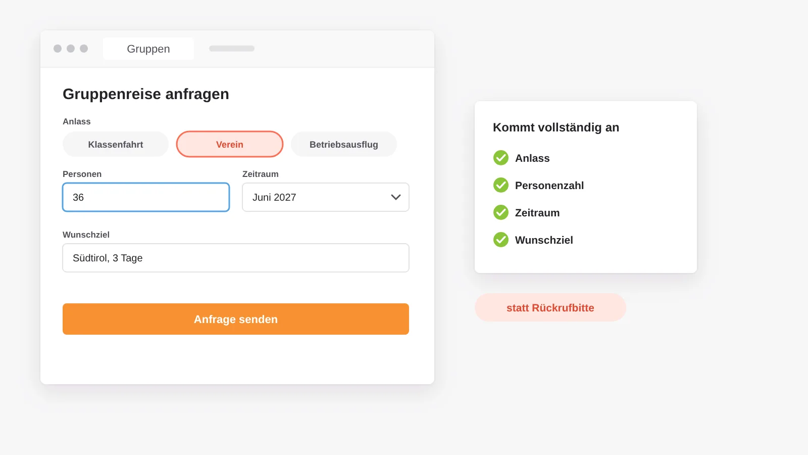 Eigene Anfragestrecke für Gruppen mit Anlass, Personenzahl, Zeitraum und Wunschziel, die vollständig beim Betrieb ankommt