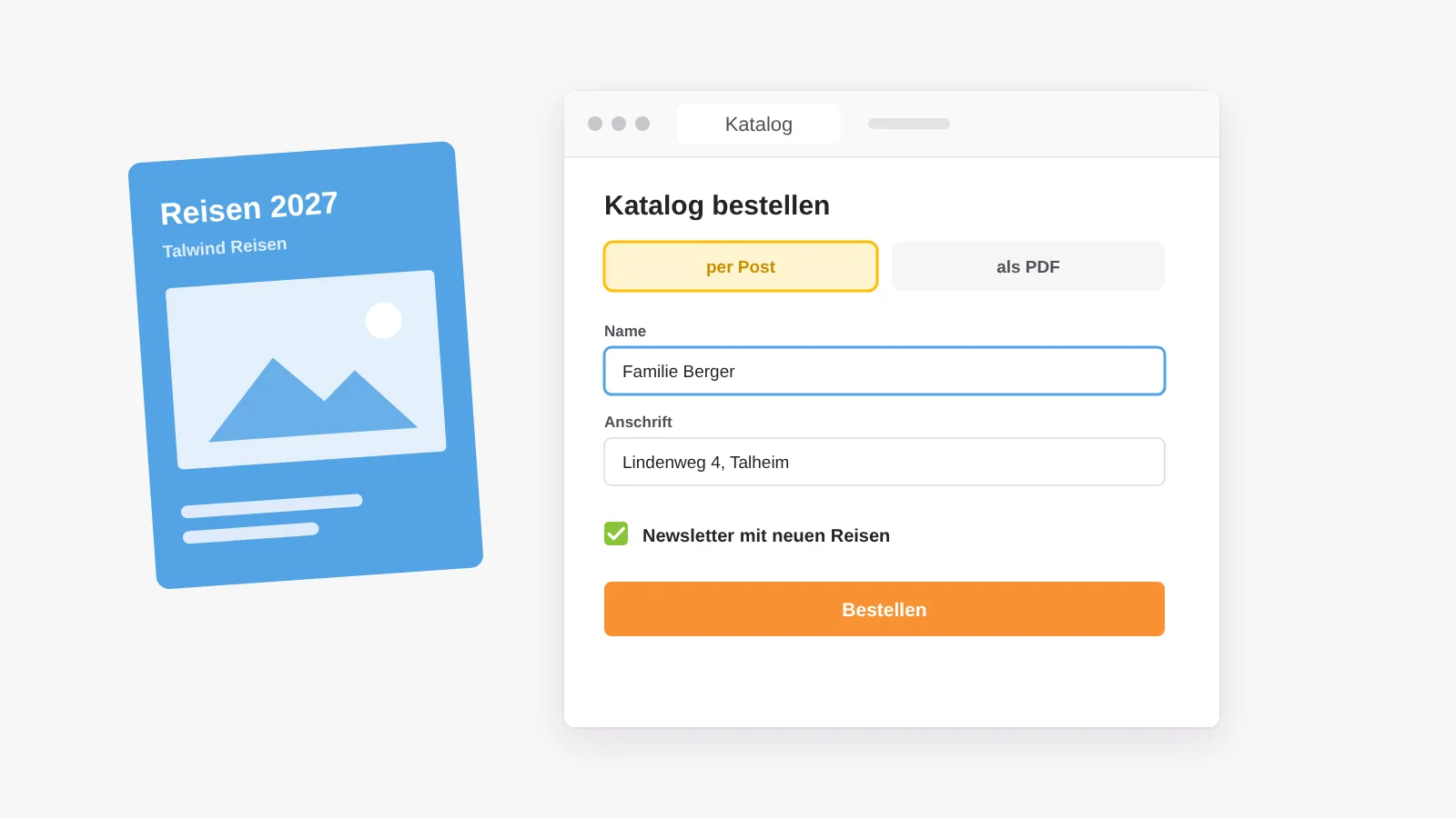 Katalogbestellung per Post oder als PDF mit Anmeldung zum Newsletter, der neue Reisen ankündigt
