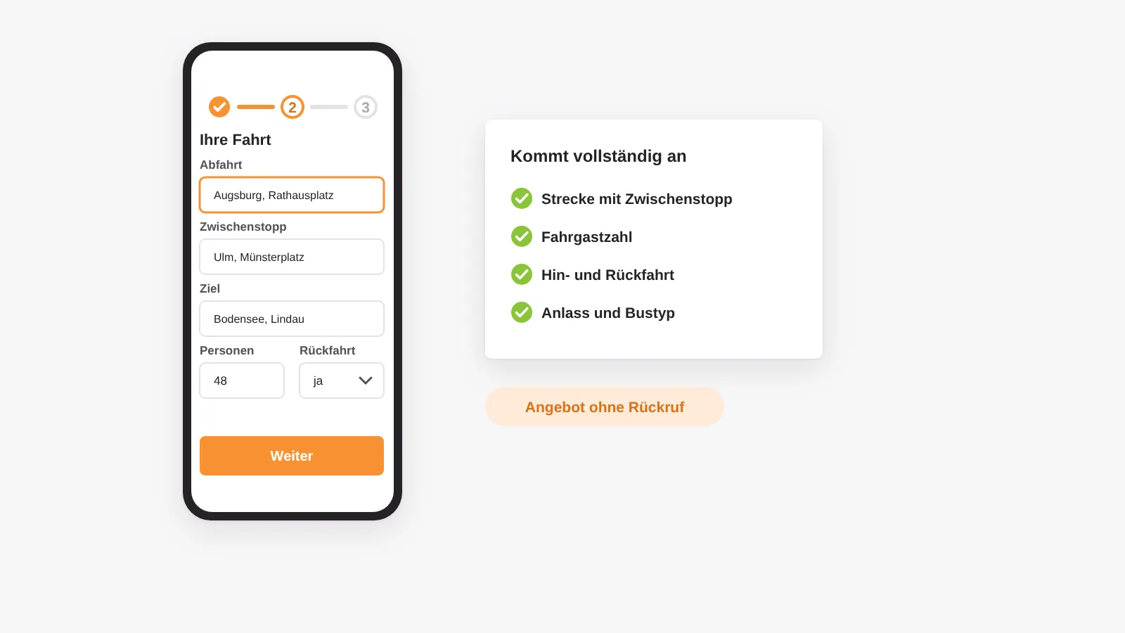 Mehrstufige Mietbus-Anfrage auf dem Smartphone mit Abfahrt, Zwischenstopp, Ziel, Fahrgastzahl und Rückfahrt, die vollständig bei der Disposition ankommt