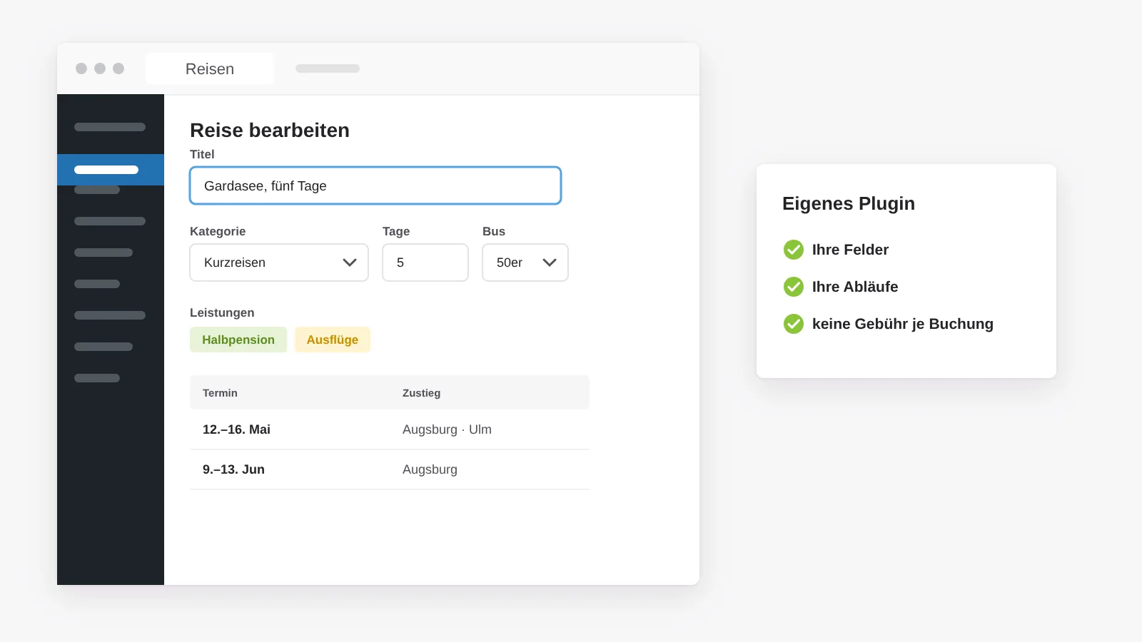 Eigene Reiseverwaltung direkt in WordPress: Reise bearbeiten mit Kategorie, Dauer, Bus, Leistungen, Terminen und Zustiegen