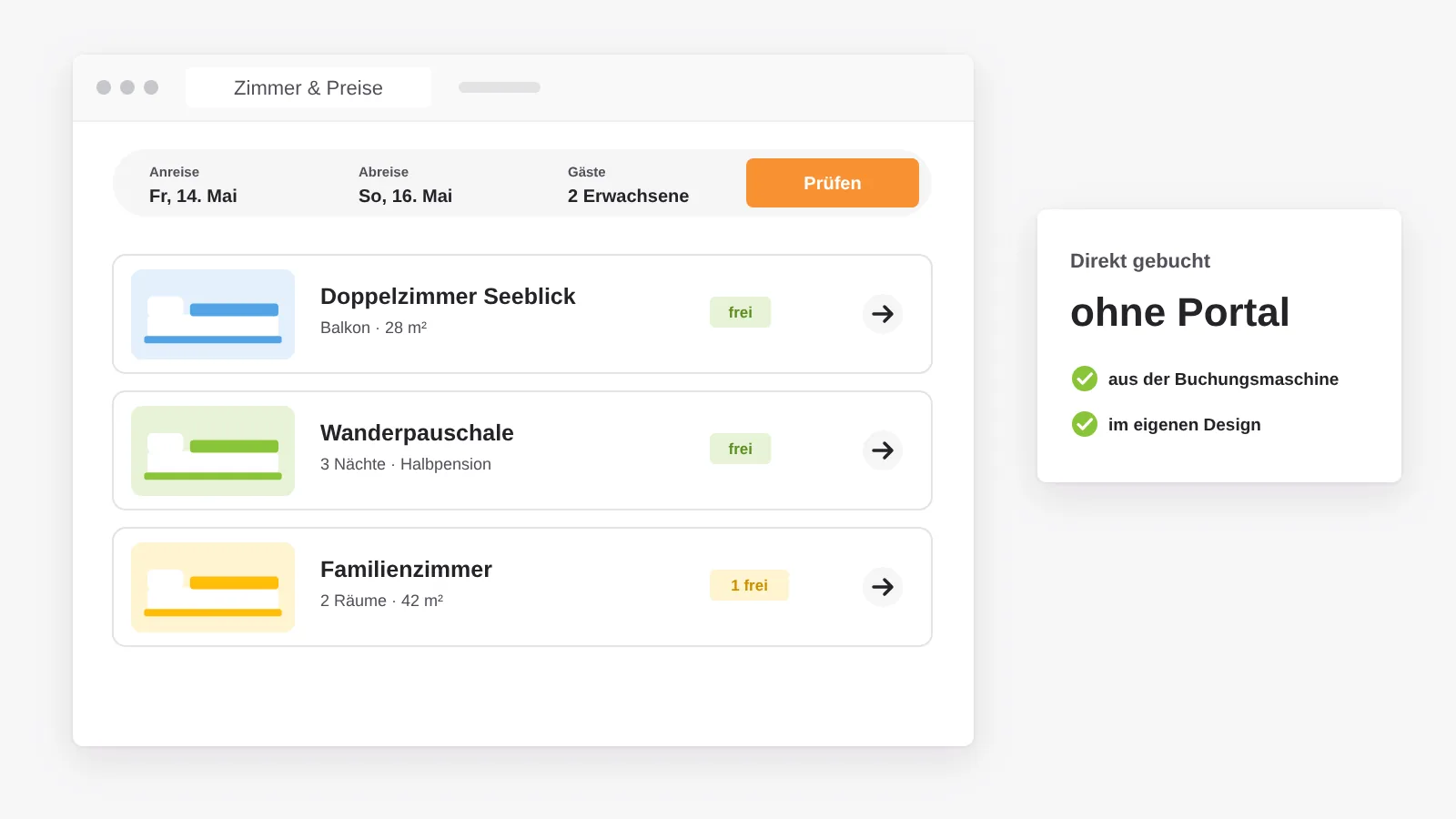 Zimmerauswahl eines Hotels mit Anreise, Abreise und Gästezahl, Zimmern und Pauschalen mit Verfügbarkeit aus der Buchungsmaschine im eigenen Design