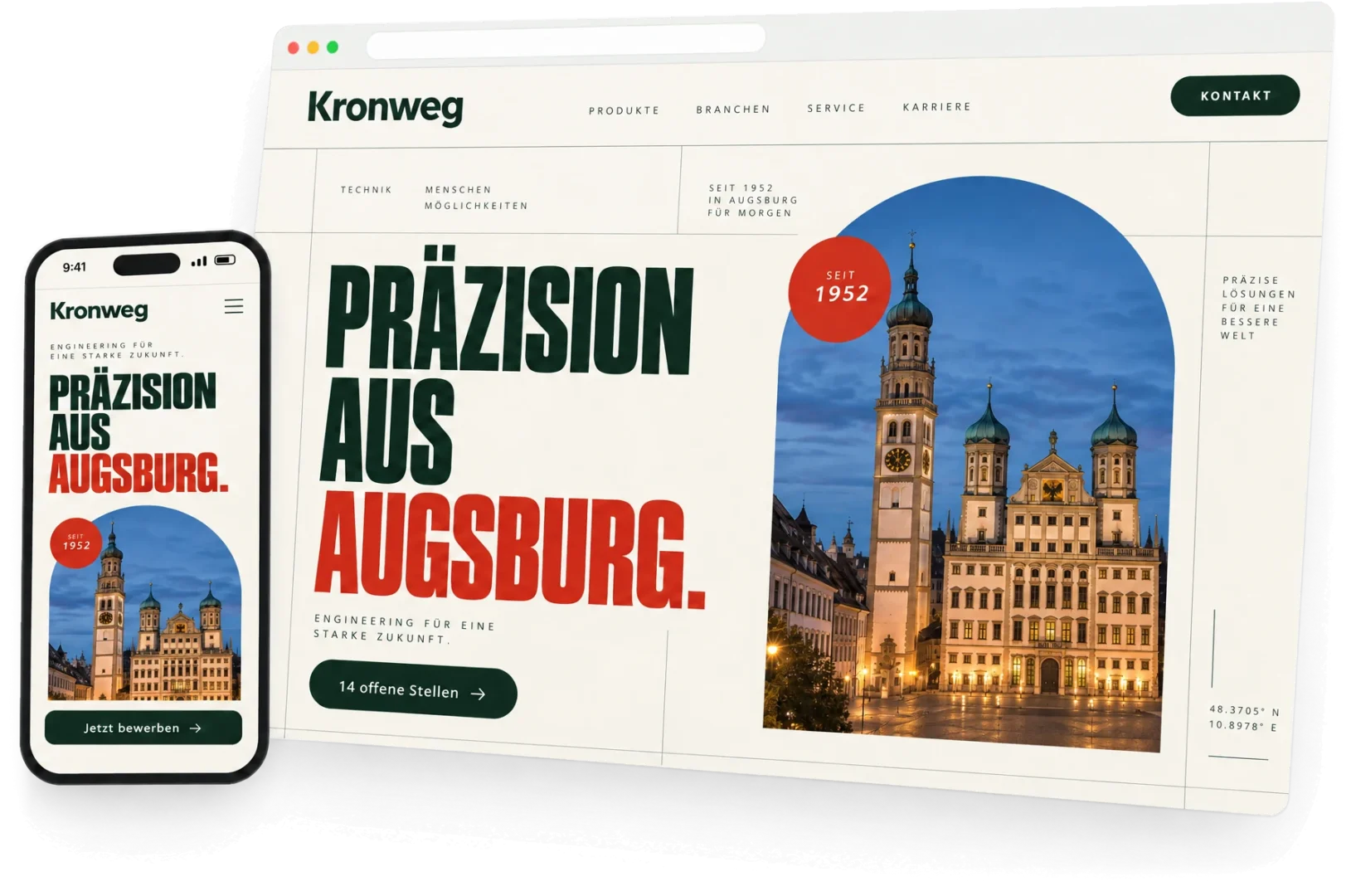 Website eines fiktiven Augsburger Maschinenbauers mit der Schlagzeile „Präzision aus Augsburg.“ und dem Augsburger Rathaus, links davon der Perlachturm, davor die mobile Ansicht