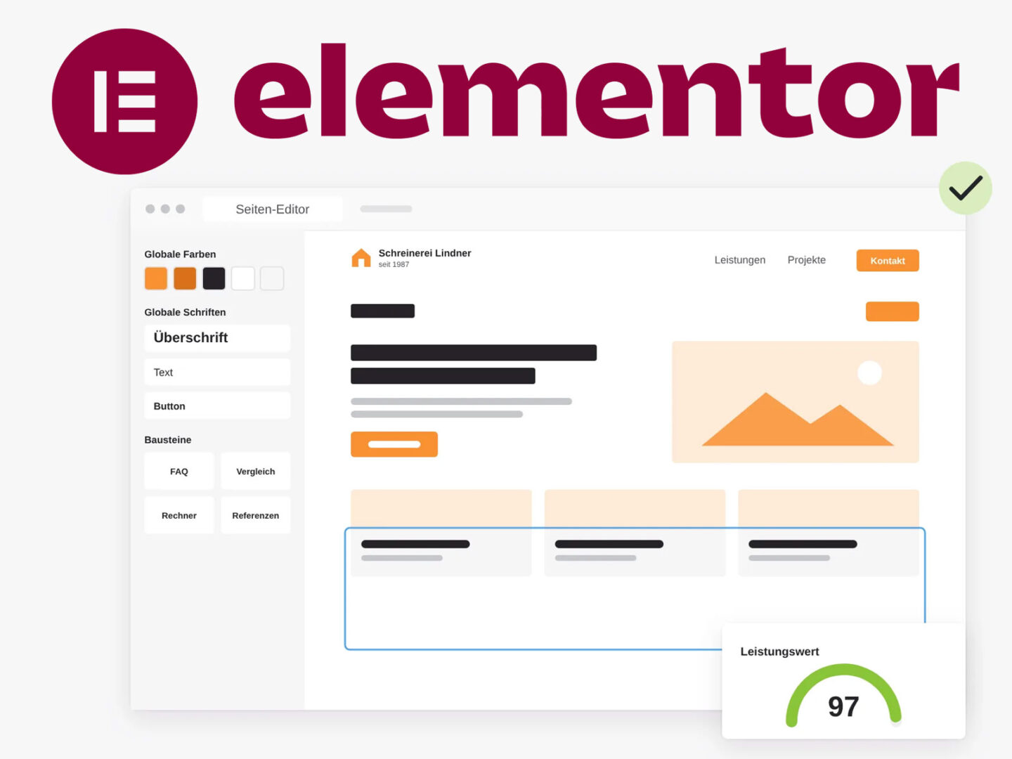 Seiten-Editor mit festgelegtem Design-System: globale Farben, Schriften und eigene Bausteine wie FAQ, Vergleich und Rechner, daneben die Seite und ein hoher Leistungswert