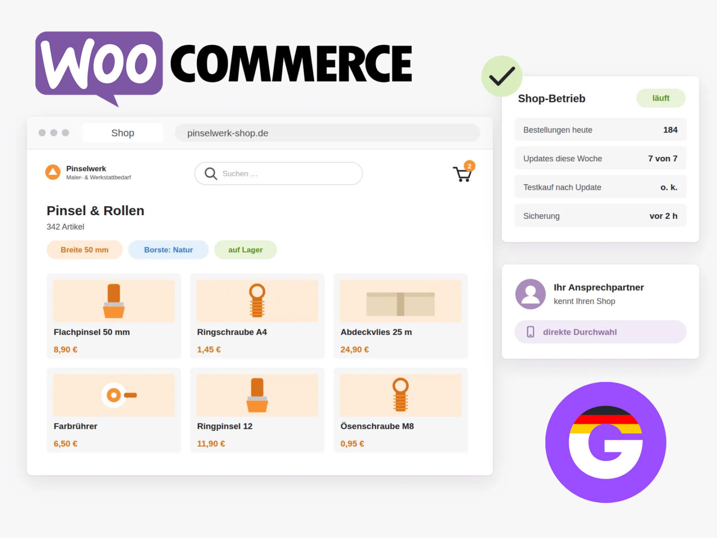 Ein WooCommerce-Shop für Maler- und Werkstattbedarf mit Kategorie und Filtern, daneben der laufende Shop-Betrieb mit Bestellungen, Updates, Testkauf und Sicherung sowie ein fester Ansprechpartner