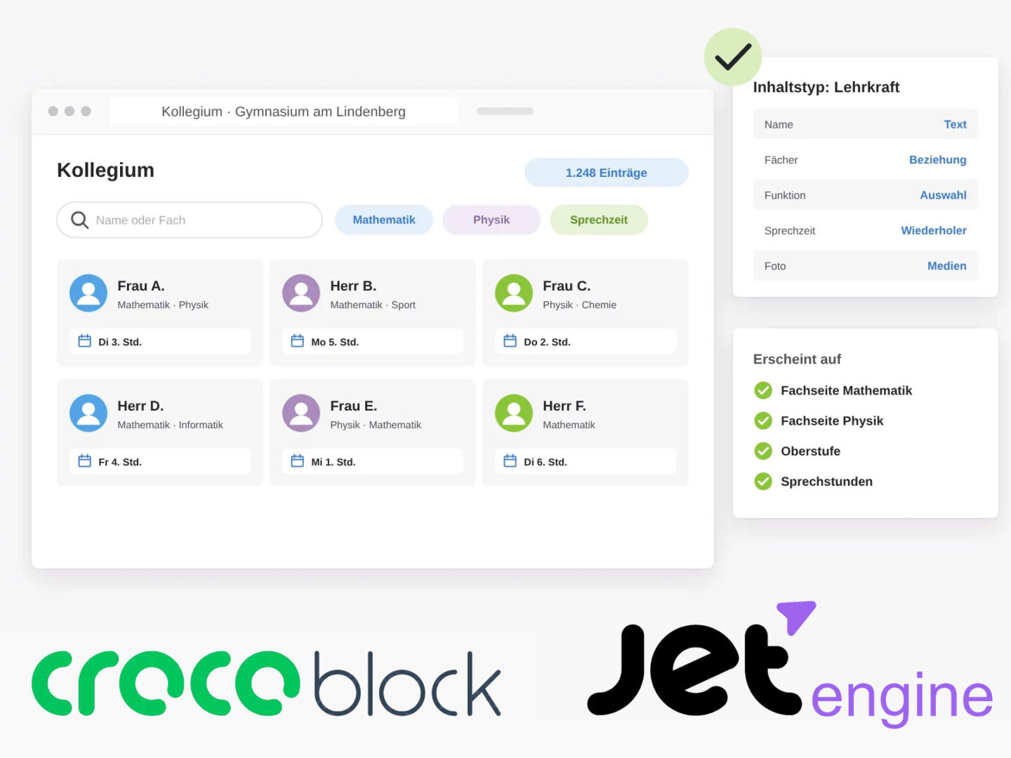 JetEngine-Listing des Kollegiums einer fiktiven Schule mit 1.248 Einträgen, Suche und Filtern nach Fach, daneben der Inhaltstyp Lehrkraft mit seinen Feldern und die Seiten, auf denen er automatisch erscheint
