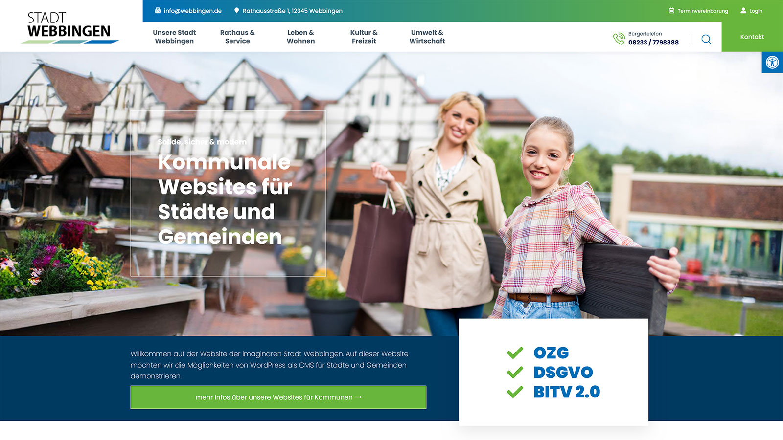 Demo der Musterkommune Gemeinde Webbingen im Browser mit Ratsinformation, Amtstafel, Mängelmelder, Terminvergabe und Vereinsregister zum Durchklicken