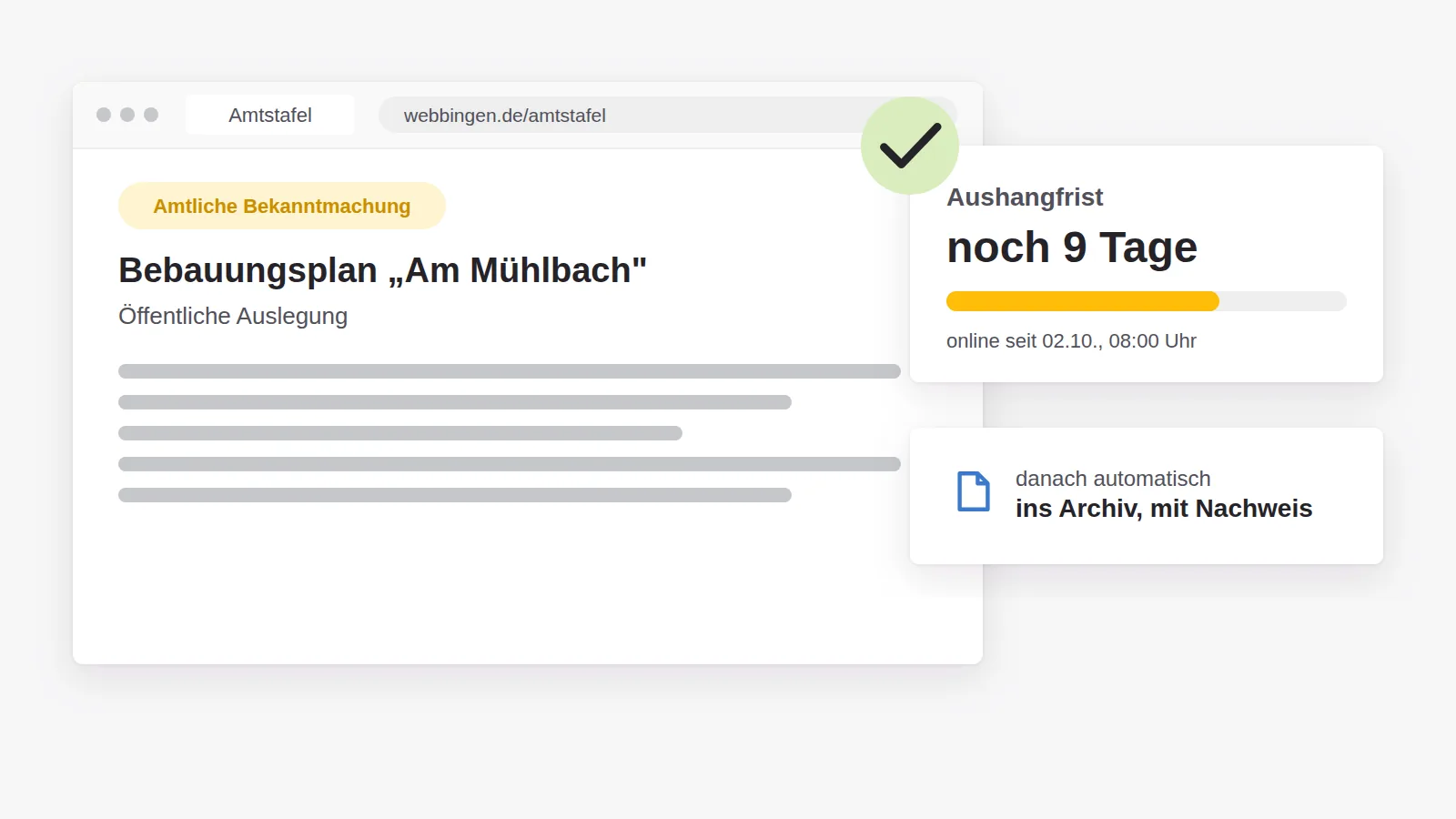 Amtliche Bekanntmachung zum fiktiven Bebauungsplan Am Mühlbach mit laufender Aushangfrist und Zeitstempel; nach Ablauf wandert sie mit Nachweis automatisch ins Archiv