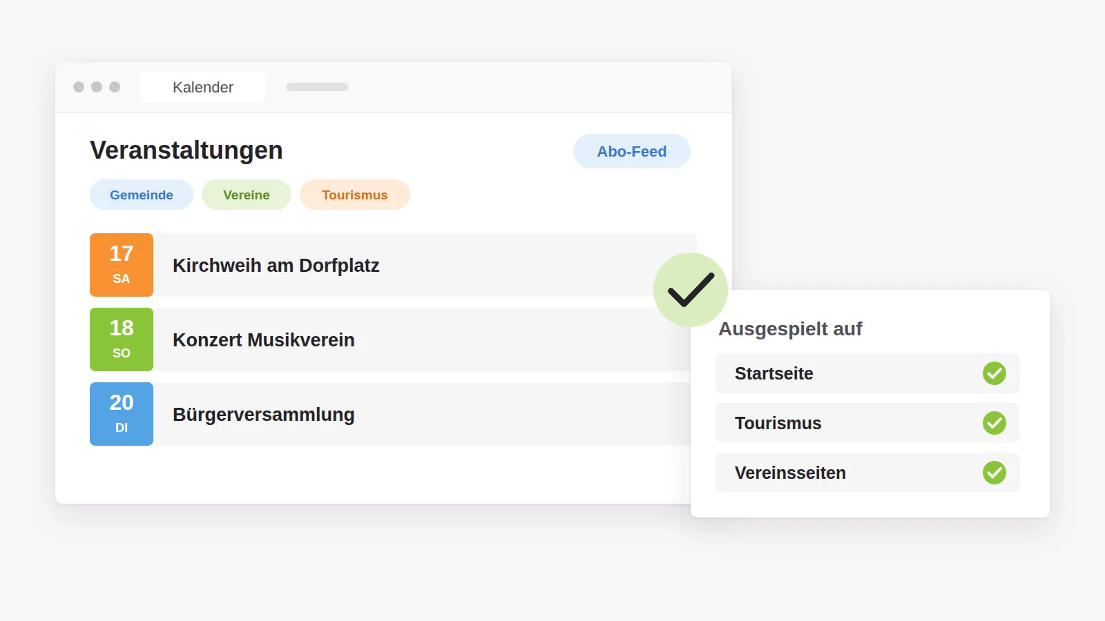 Gemeinsamer Veranstaltungskalender von Gemeinde, Vereinen und Tourismus mit Filtern und Abo-Feed, ausgespielt auf Startseite, Tourismus- und Vereinsseiten