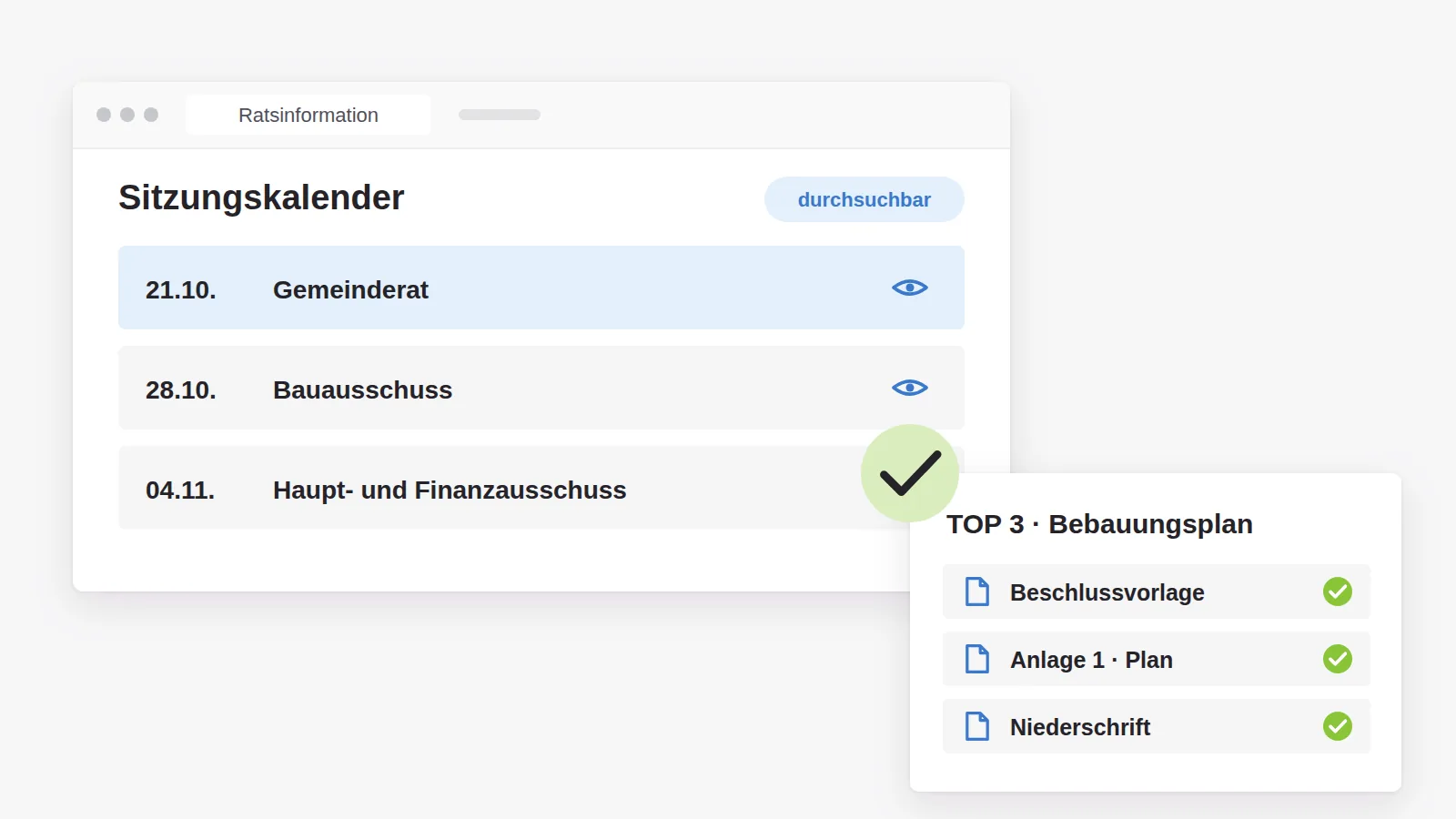 Sitzungskalender des Gemeinderats mit öffentlichen und nicht öffentlichen Sitzungen, daneben ein Tagesordnungspunkt mit Beschlussvorlage, Anlage und Niederschrift