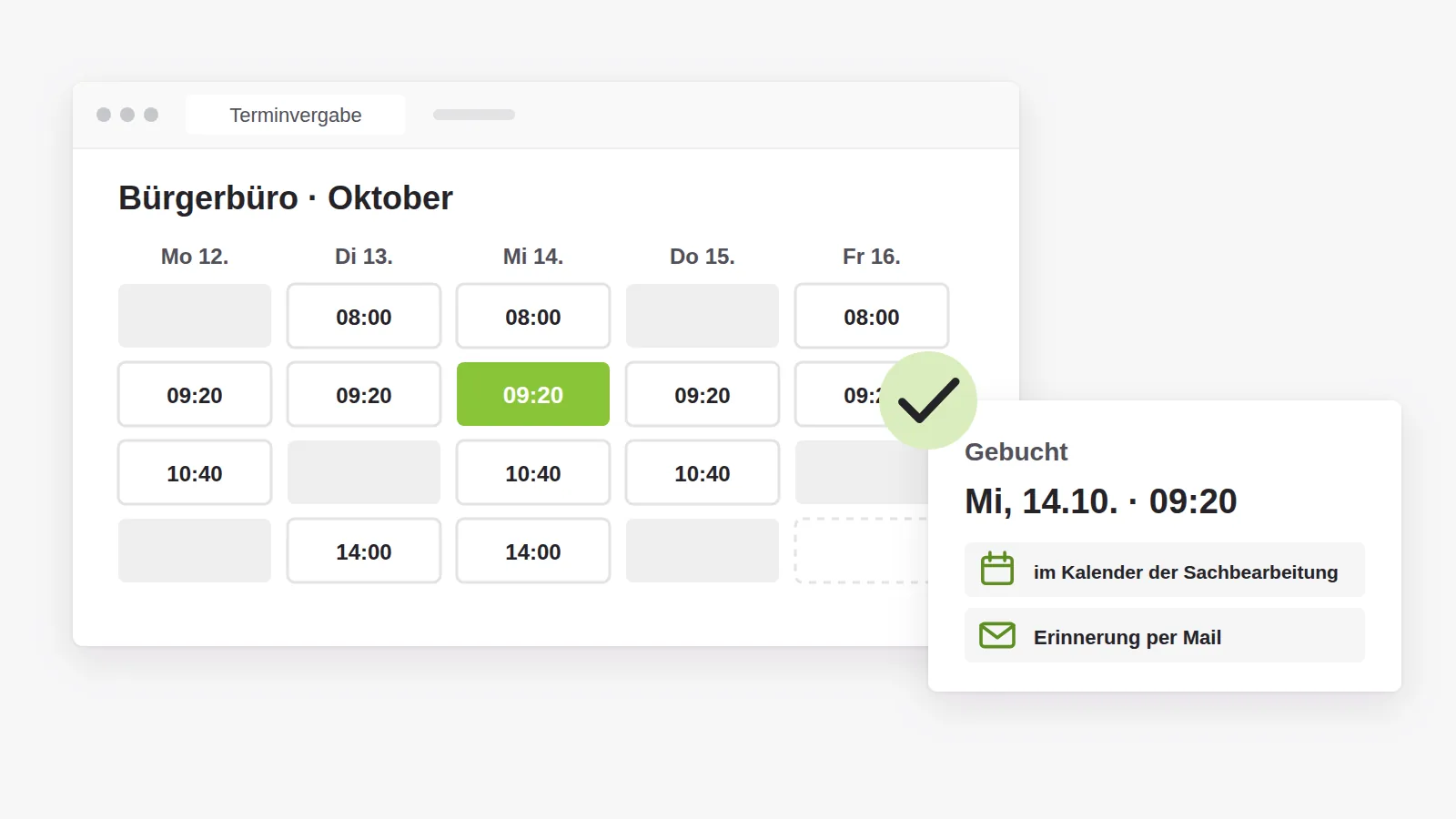 Terminraster des Bürgerbüros mit freien, belegten und gesperrten Zeiten; der gebuchte Termin landet im Kalender der Sachbearbeitung, eine Erinnerung geht per Mail raus