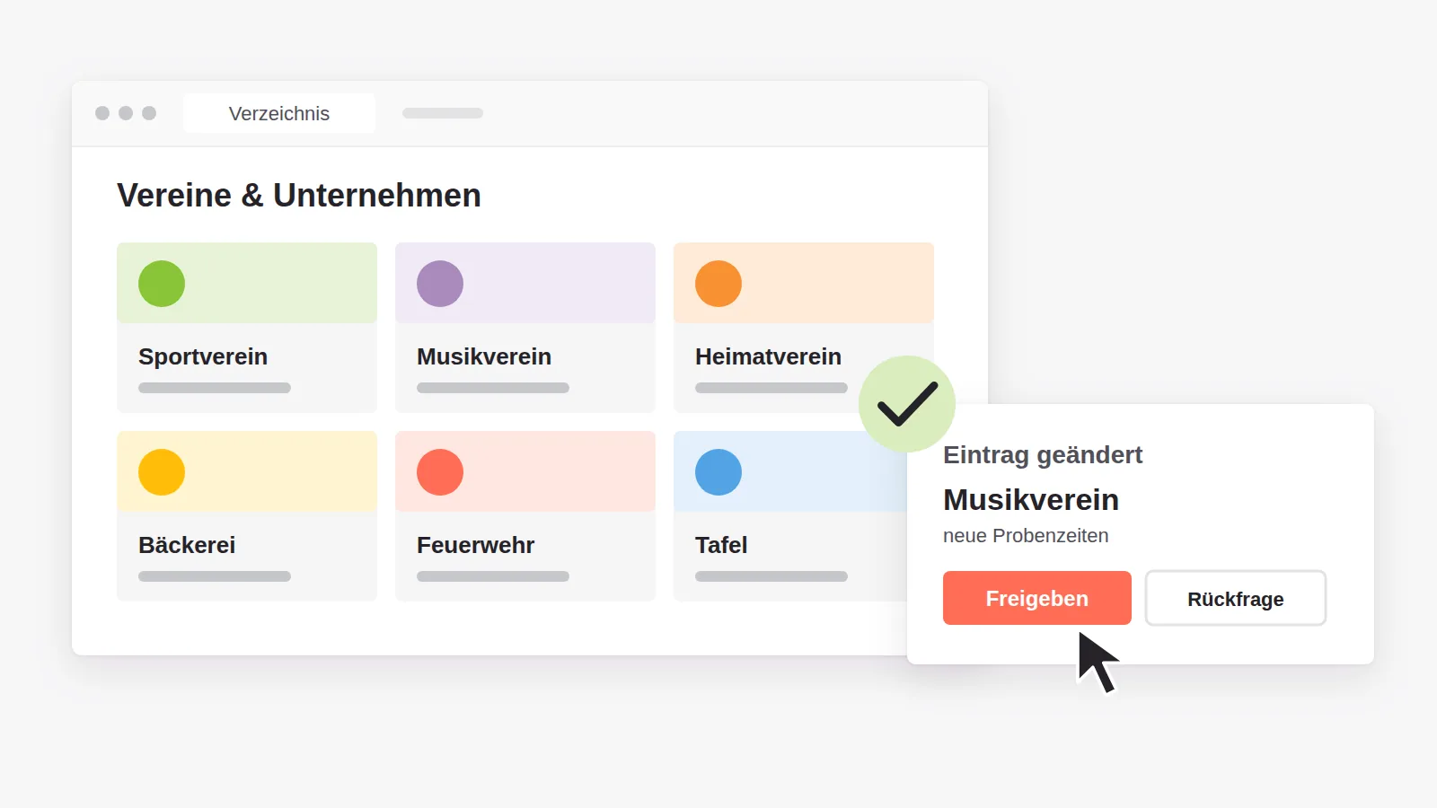 Verzeichnis mit Vereinen und Unternehmen der Gemeinde als Kacheln; ein Verein pflegt seinen Eintrag selbst, die Verwaltung gibt die Änderung frei