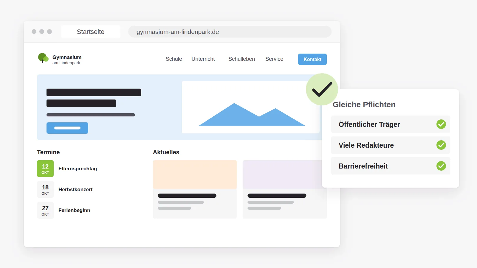 Schulwebsite des fiktiven Gymnasium am Lindenpark, daneben die gemeinsamen Pflichten mit Kommunen: öffentlicher Träger, viele Redakteure, Barrierefreiheit
