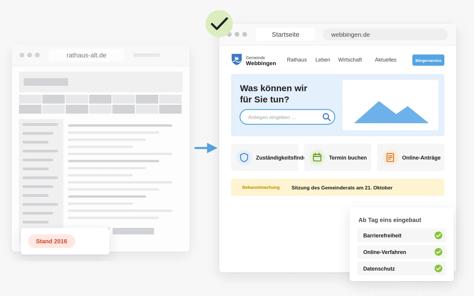 Links eine typische alte Kommunalseite in Grau mit überfüllter Menüleiste, rechts die neue Startseite der fiktiven Gemeinde Webbingen mit drei klaren Servicekacheln; Barrierefreiheit, Online-Verfahren und Datenschutz sind von Anfang an eingebaut