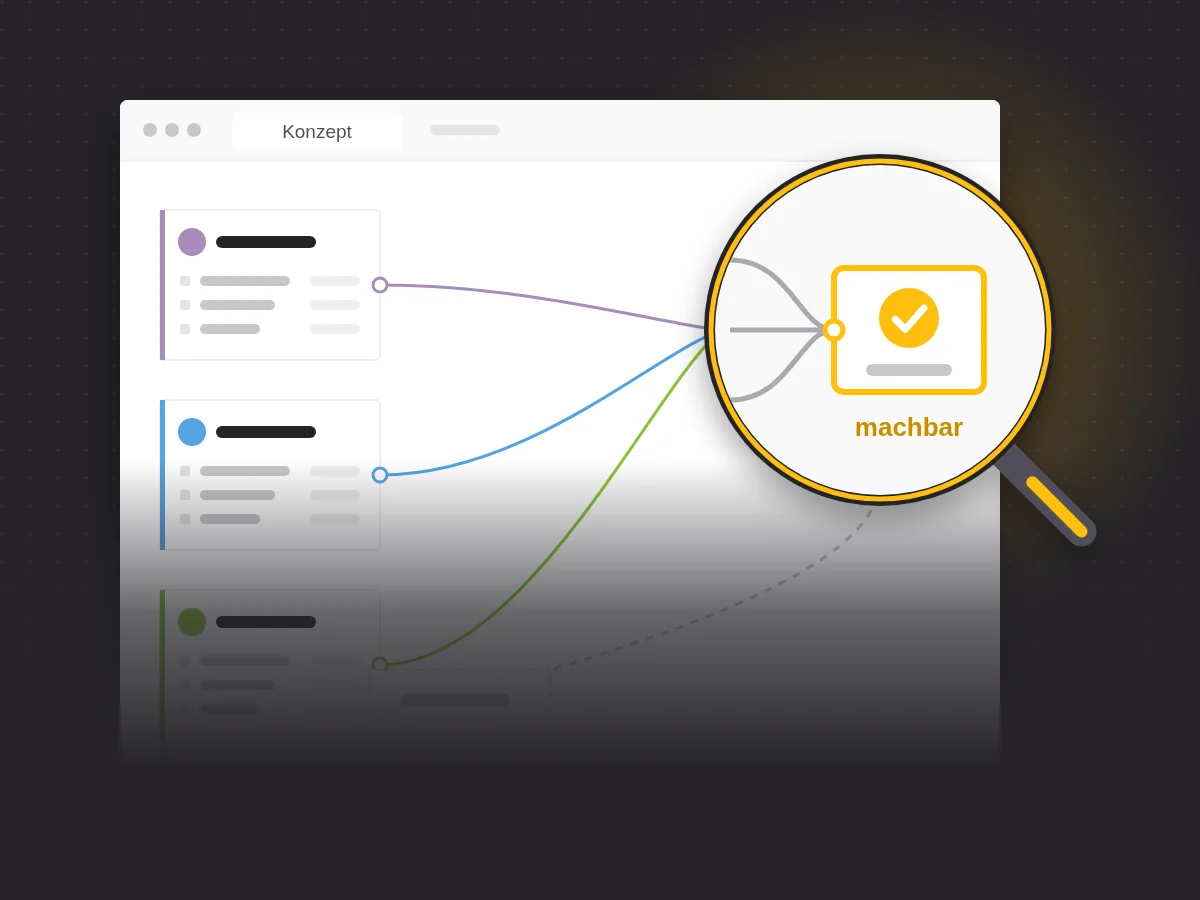 Lupe auf einem Konzept, dessen Bausteine zusammen ein machbares Vorhaben ergeben