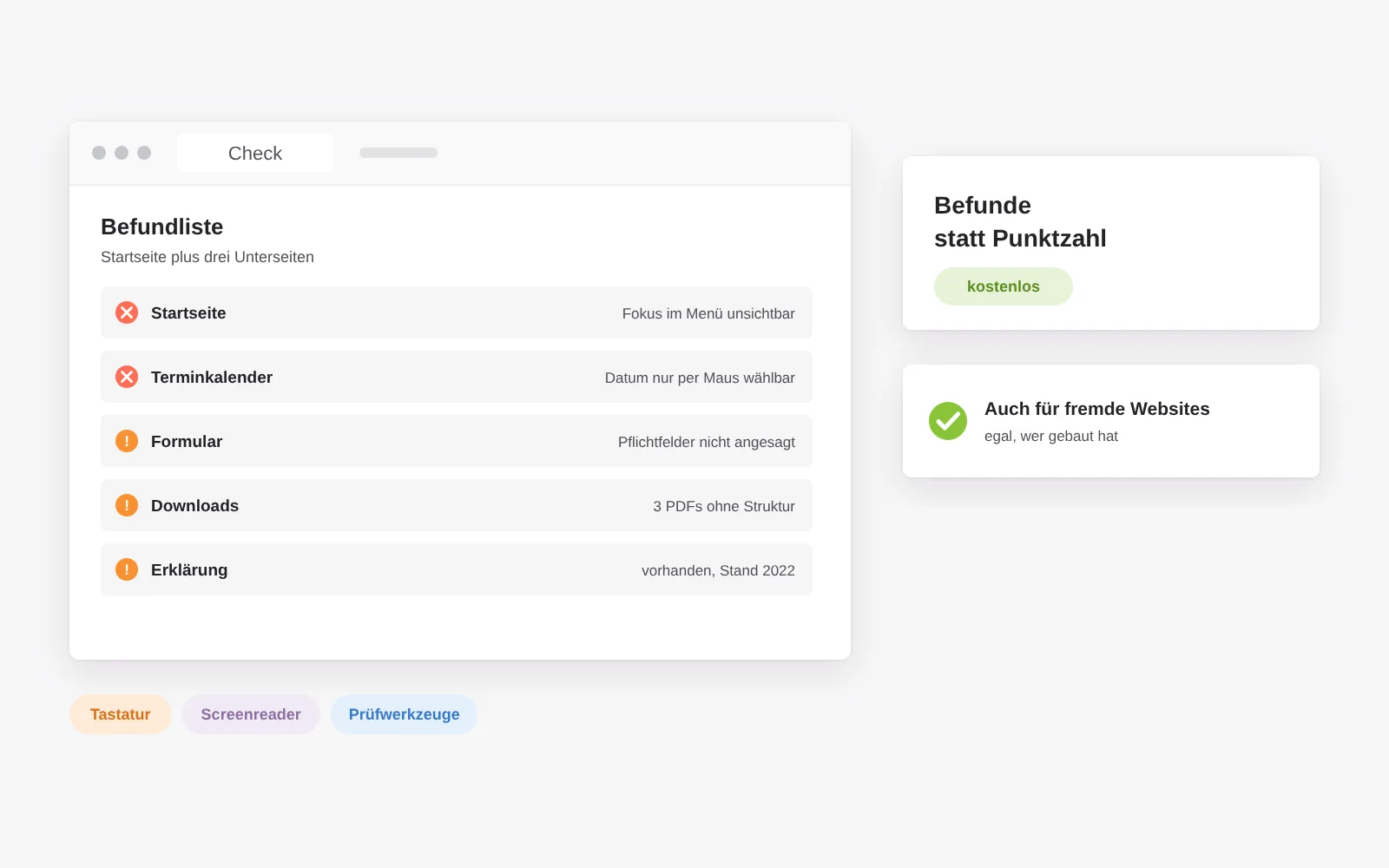 Kostenloser Barrierefreiheits-Check: Startseite plus drei Unterseiten mit Tastatur, Screenreader und Prüfwerkzeugen geprüft, Ergebnis als Befundliste mit Fundstellen statt Punktzahl