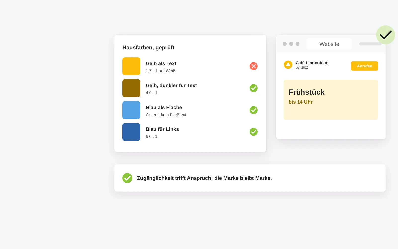 Barrierefrei heißt nicht grau: Hausfarben werden auf Kontrast geprüft, eine zu helle Farbe bekommt für Text eine dunklere Variante, und die Website bleibt farbig und markentreu