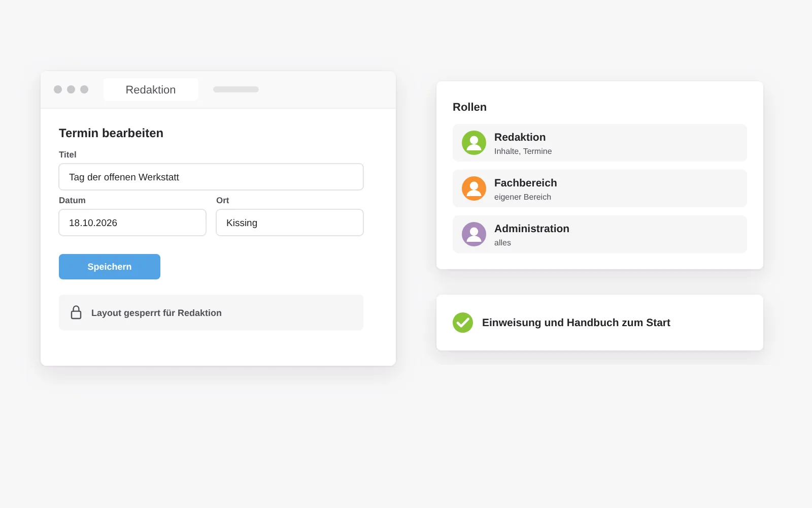 Redaktion im Backend: Termine werden in einem klaren Formular gepflegt, das Layout ist gesperrt, und jede Rolle sieht nur, was sie braucht