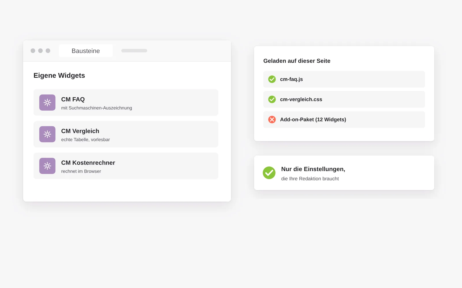 Eigene Elementor-Widgets wie FAQ, Vergleichstabelle und Kostenrechner laden nur ihren eigenen Code statt eines ganzen Add-on-Pakets
