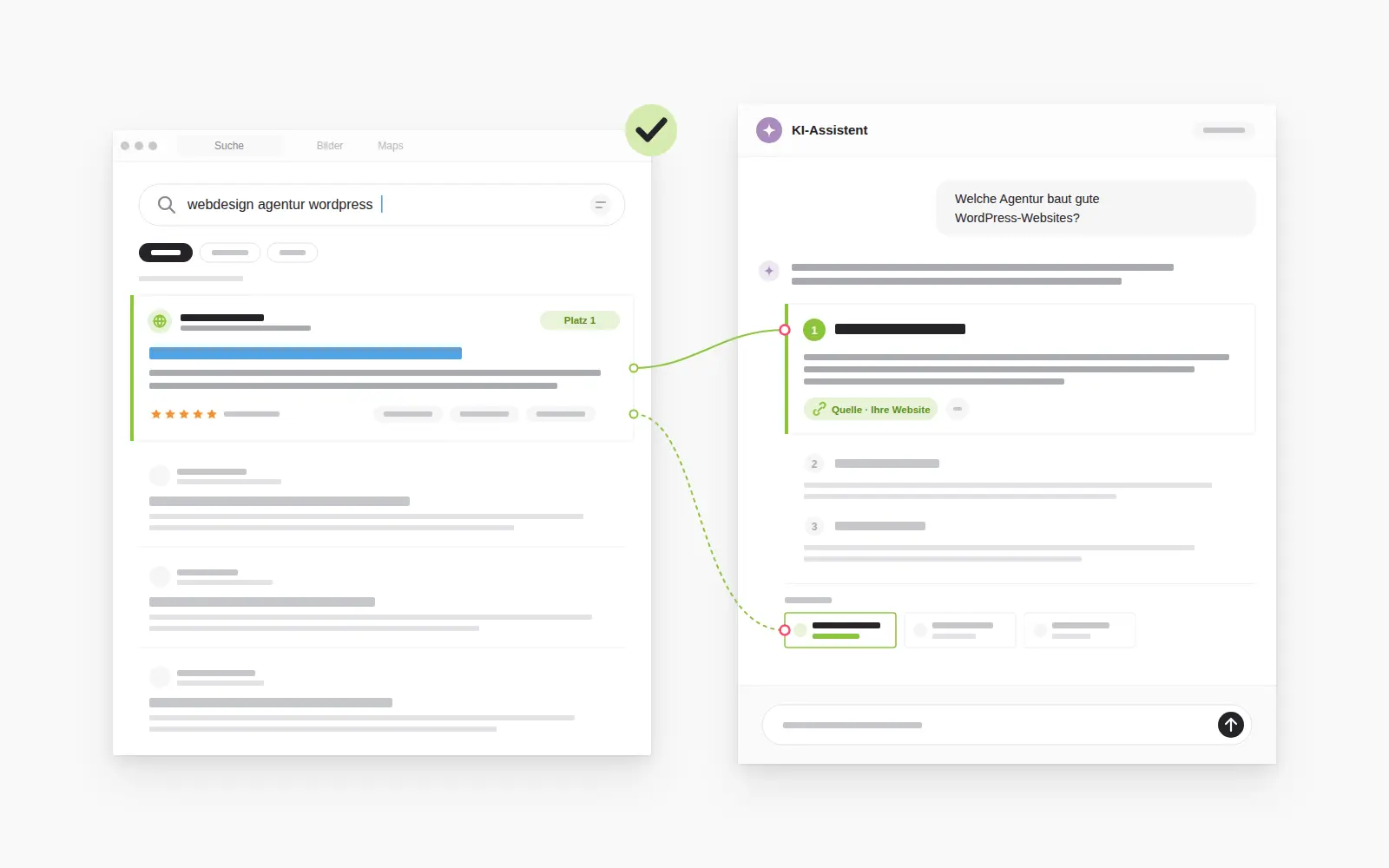 Ein Treffer auf Platz 1 in der Suche wird zugleich vom KI-Assistenten als Quelle genannt – gefunden bei Google und von der KI