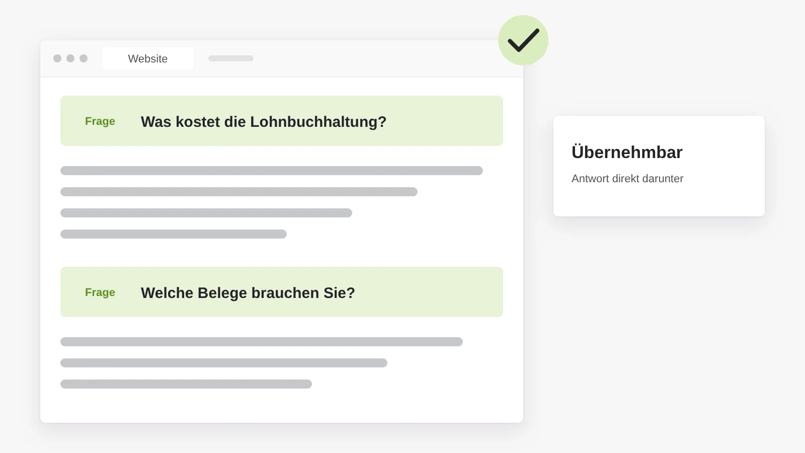 Antwortfähige Texte: die Kundenfrage im Wortlaut als Überschrift, die Antwort direkt darunter