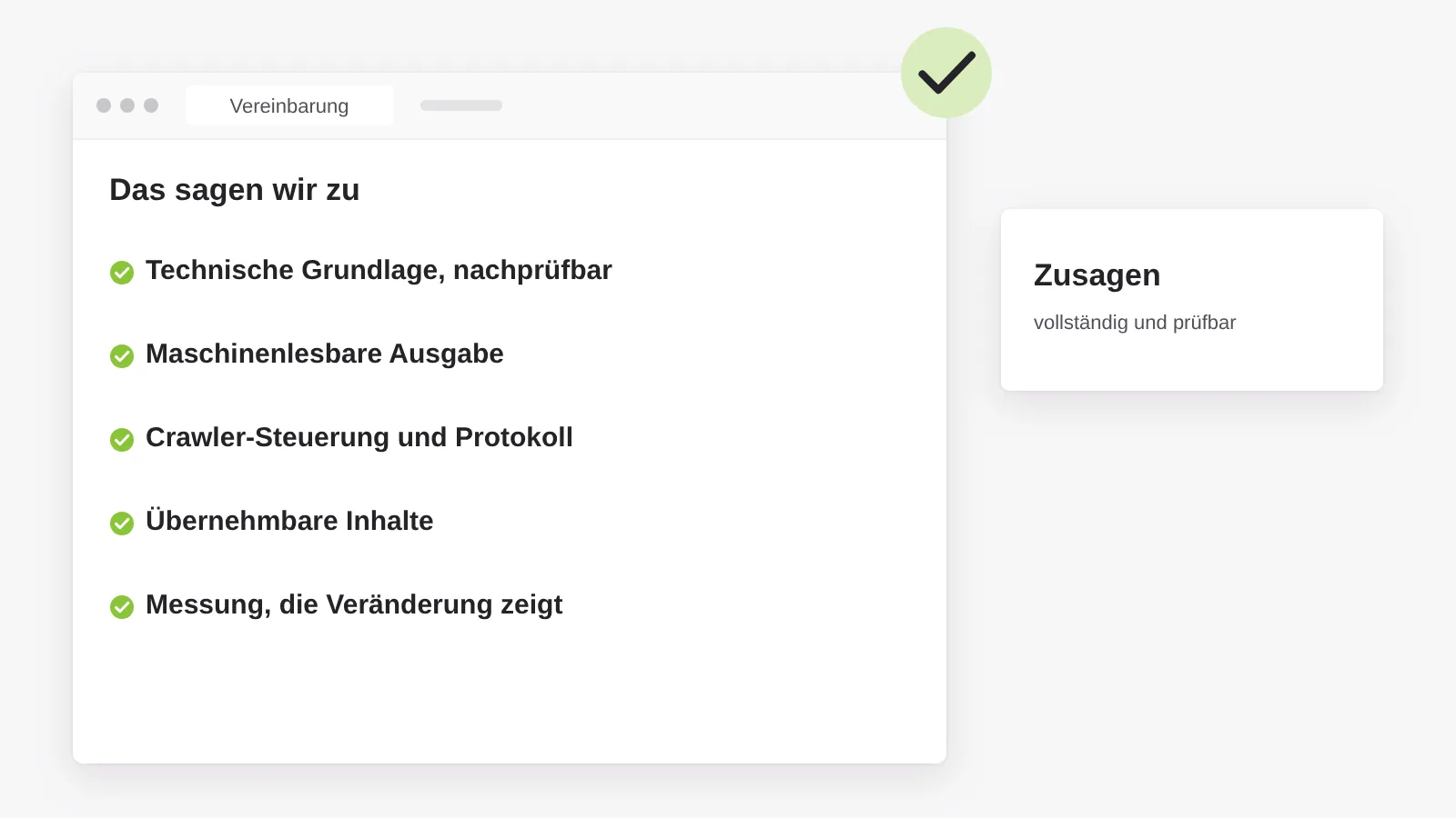 Das sagen wir zu: technische Grundlage, maschinenlesbare Ausgabe, Crawler-Steuerung mit Protokoll, übernehmbare Inhalte und Messung