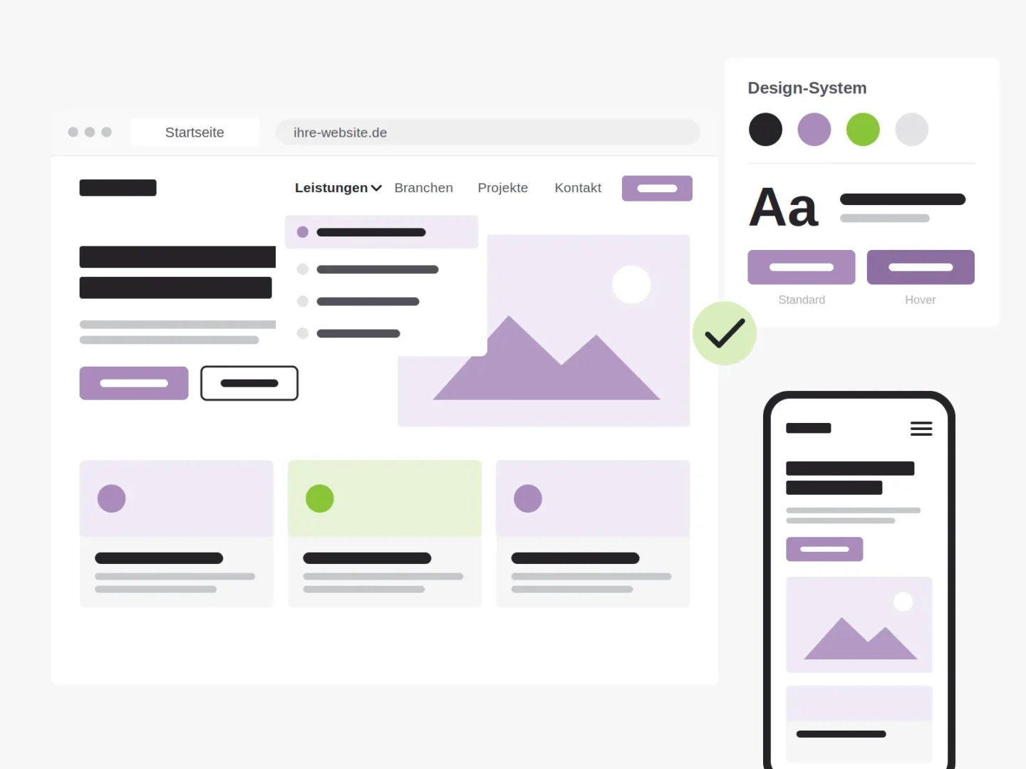 Gestaltete Website mit Navigation, Kartenraster und mobiler Ansicht, daneben das Design-System aus Farben, Schrift und Buttons
