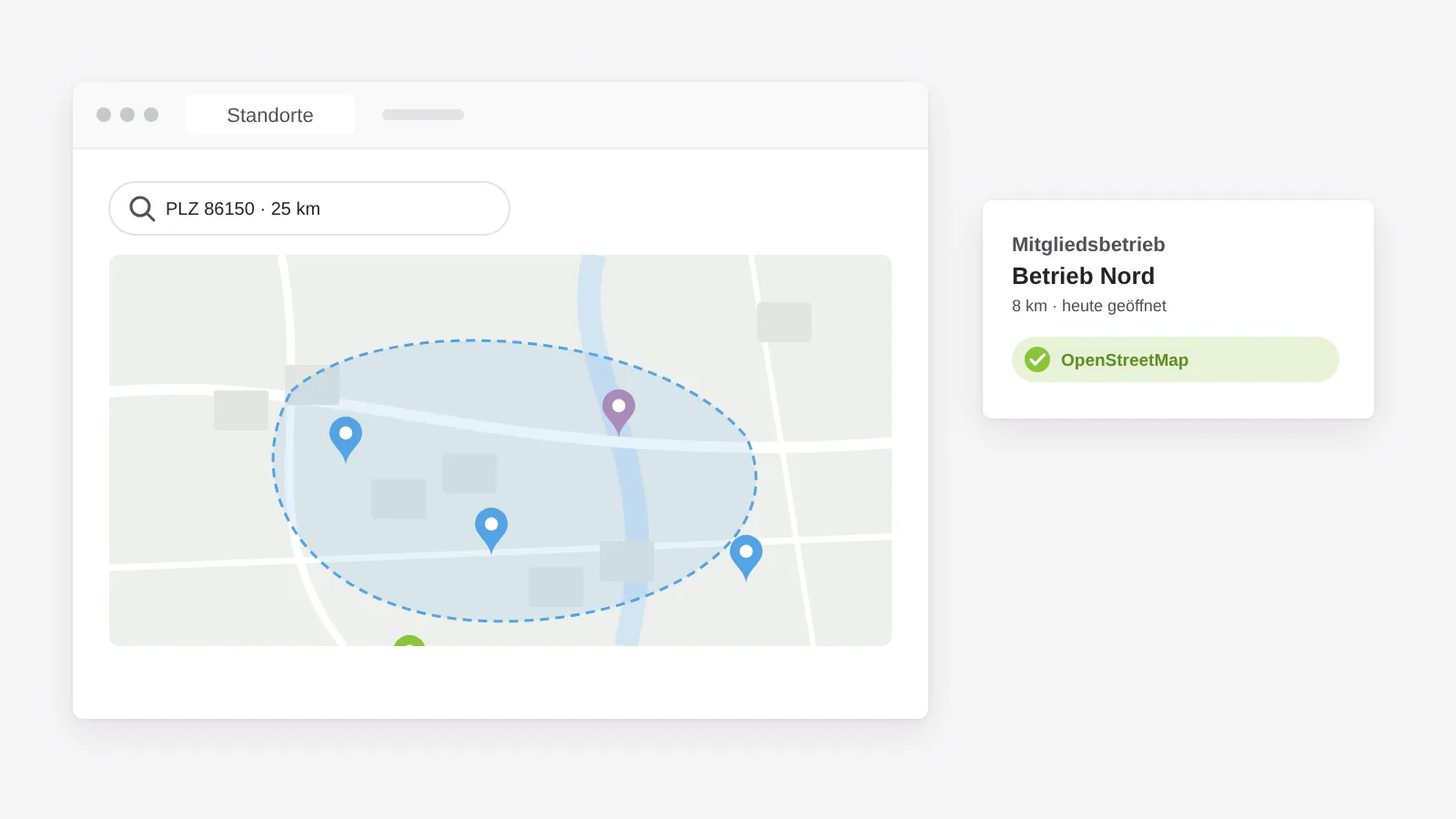 Standort- und Verzeichnissuche mit Umkreis auf einer Karte, auf Wunsch mit OpenStreetMap statt Google