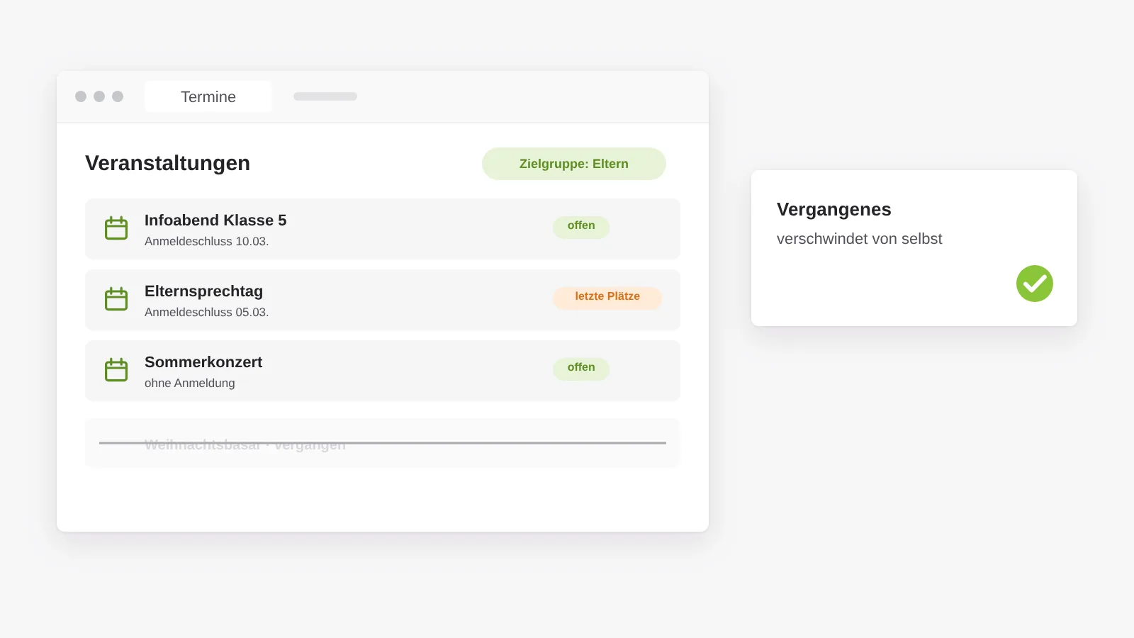 Veranstaltungsliste mit Zielgruppe und Anmeldeschluss, vergangene Termine verschwinden automatisch