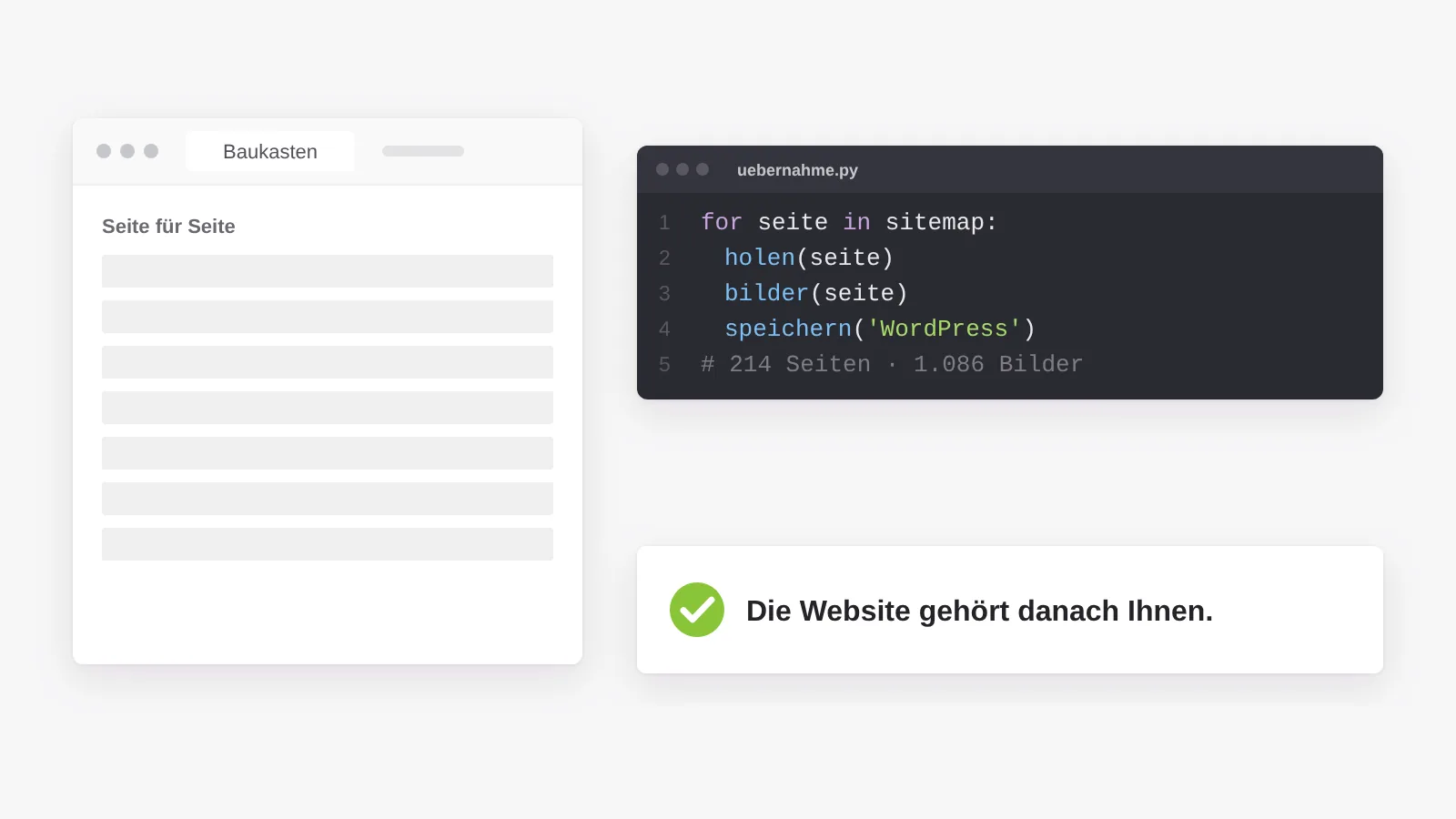 Umzug aus einem Website-Baukasten: die Inhalte werden notfalls Seite für Seite per Skript geholt, und die Website gehört danach dem Kunden