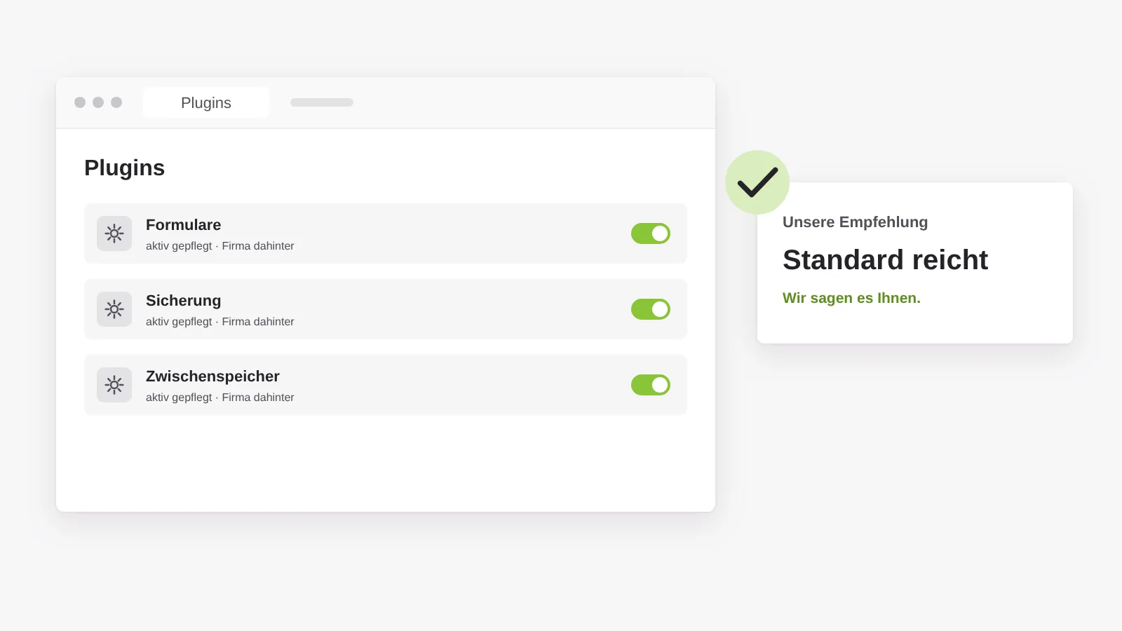Für Standardaufgaben wie Formulare, Sicherung und Zwischenspeicher reichen erprobte, aktiv gepflegte Plugins – das sagen wir Ihnen auch