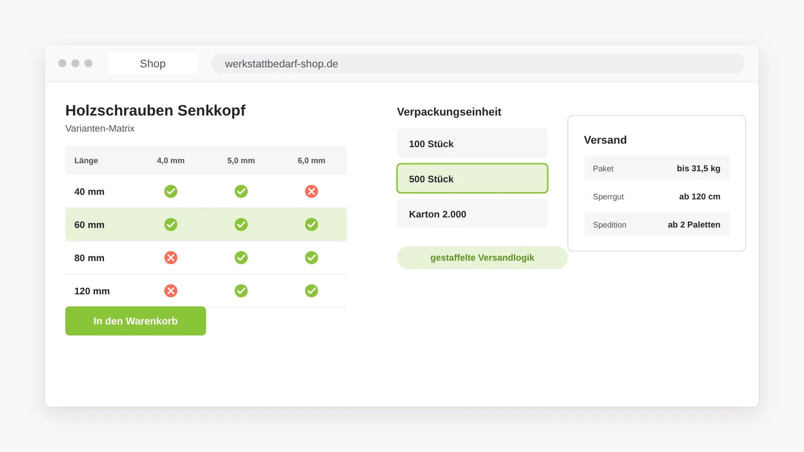 WooCommerce-Erweiterung für ein eigenes Sortiment: Varianten-Matrix nach Länge und Durchmesser, Verpackungseinheiten und gestaffelte Versandlogik mit Sperrgut